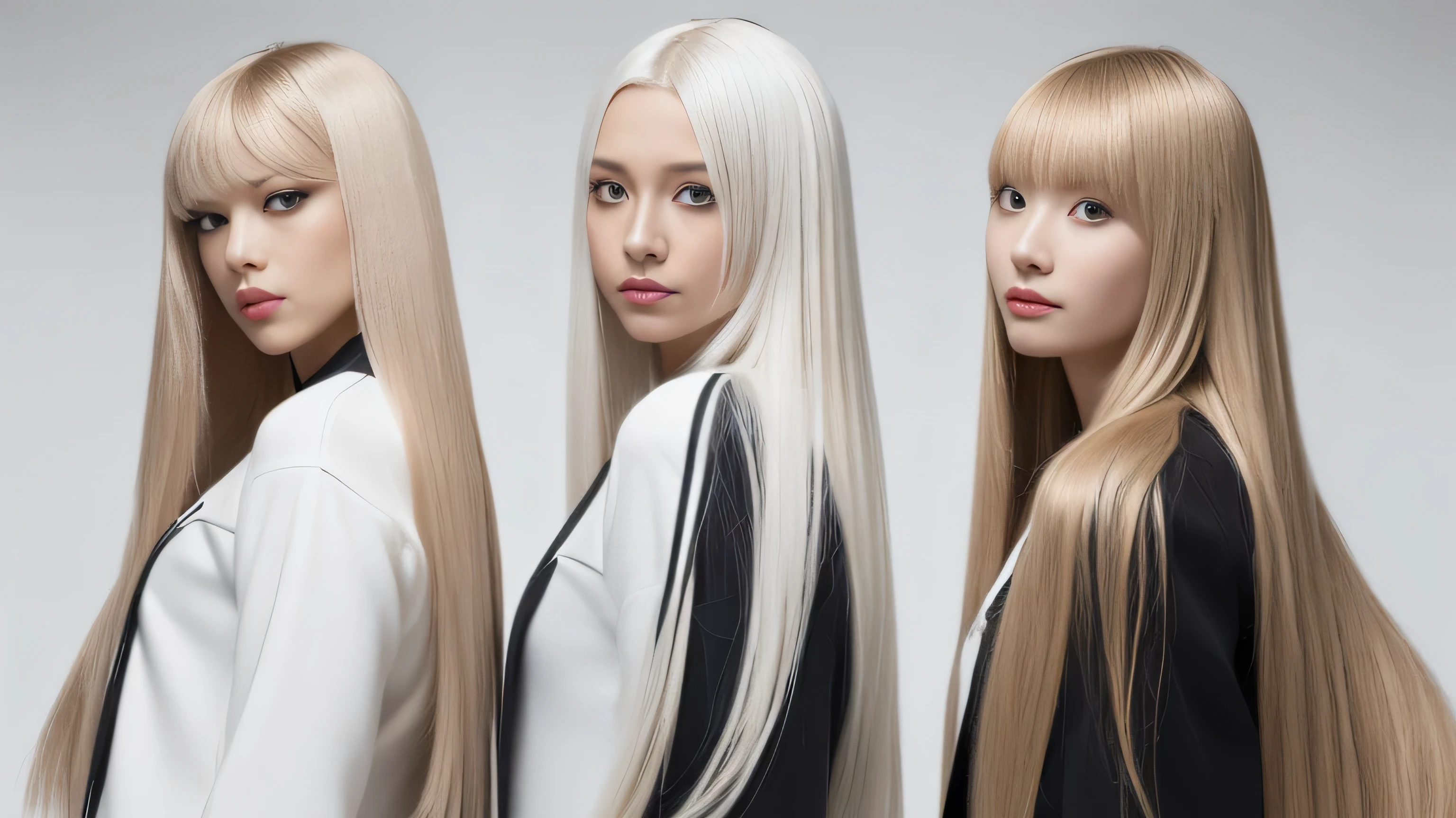 (Full body shot of three identical twins :1.3)　(Photograph three people in the same pose from the front:2.0)　(The three of them are like clones., Wearing the same clothes、Take the same pose　Physically identical)　((Random standing pose to show as much back and hair as possible:1.2))　(Pure white wall background:1.8. Upper body photo from the knees up)　((Random poses showing as much back and hair as possible:1.2))　((Beautiful model with long platinum blonde hair, girl with super length Hair, extremely length Hair, extra length Hair, very long, Flowing Hair, very length Hair, length Hair girl, very long, Flowing platinum blonde hair, length Hair windy, very longプラチナブロンドヘア, length, Flowing Hair, Extremely long and incredibly straight platinum blonde hair, with length Hair, length Hair!!!!　Her highest quality hair is long and straight　Extremely long and incredibly straight platinum blonde hair , highest quality platinum blonde, length hair in the center, Highest quality long straight, length, straight, beautiful, High quality platinum blonde hair, length and platinum blonde hair highest quality straight, length Hair, length and straight, highest quality platinum blondeヘア, Perfect silky straight of the highest quality, straight, highest quality platinum blondeヘア, length platinum blonde hair　straight, length, Platinum blonde thick hair　Her hair is long and straight, very longプラチナブロンドヘア, length hair in the center, length straight, length, straight, beautiful hair of the highest quality, length Hair, length, Straight platinum blonde hair , length and free straight platinum blonde hair, straight platinum blonde hair))　(Her bangs are perfect.:1.3)　(France&#39;s most beautiful 24-year-old hair model)　　((highest quality)), ((masterpiece)), (Familiar)　(Get used to it)　Perfect Face　(Her skin is a typical French complexion..、And very detailed)　　(Big Breasts)　(She is wearing a light blue skirt and a white blouse......)　(She has a beautiful French face and a typical French figure...., Narrow eyes)　(She has perfect beautiful makeup and face　Lipstick is light red　A solid eyeliner)　((Rich 1.4))　(Extremely detailed 8K)　(Ultra-fine skin texture 1.4)　(Actual, Vibrant:1.4), double eyelid　Sharp focus:1.2、Beautiful woman:1.4　Dynamic Lighting　(Genuine RAW photos taken by professional photographers)　(Her long bangs、Well Organized)　Professionally lit from the front　(She has a bright and cheerful face)