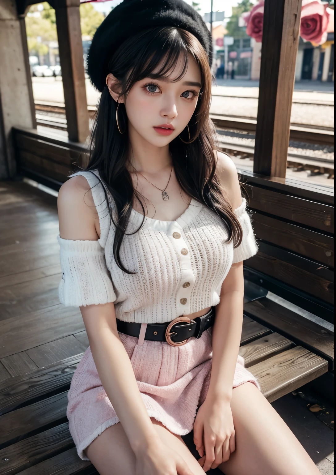 (Ultra-detailed eyes), (((textile shading))), (((Best Quality))), (((masterpiece))), (((Ultra realistic))), fat, sassy girl, street girl, messy hair, Emo Pin up Girl, pink fruity top, white fruity skirt, long leg warmers, y2k sparkle belt, faux fur hat, cute necklace, y2k edition earrings, black and pink outfit colors, Striking a pose, natural make up, skinny fat innocent, in a haunted rail station, heavenly, midshot, centered image, good girl, innocent girl, front look, black hair, Lay down in ground , Stylish Girl , Asian girl , Soft skin, Realistic skin, ((rose in hands))