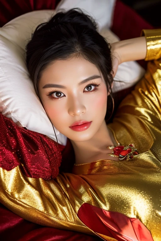 Asian woman in her early 50s lying on the bed wearing a red and gold Chinese dress, goddess of Japan, Very beautiful face,face perfect,(A detailed eye,real looking skin,Detailed skin,lipgloss),ighly detailed, gorgeous chinese model, ig model | ArtGerm, Seductive Girl, ross tran 8 k, Trending on CGSTATION, beautiful alluring female, like artgerm, by Oliver Sin, :: rossdraws, wojtek fus