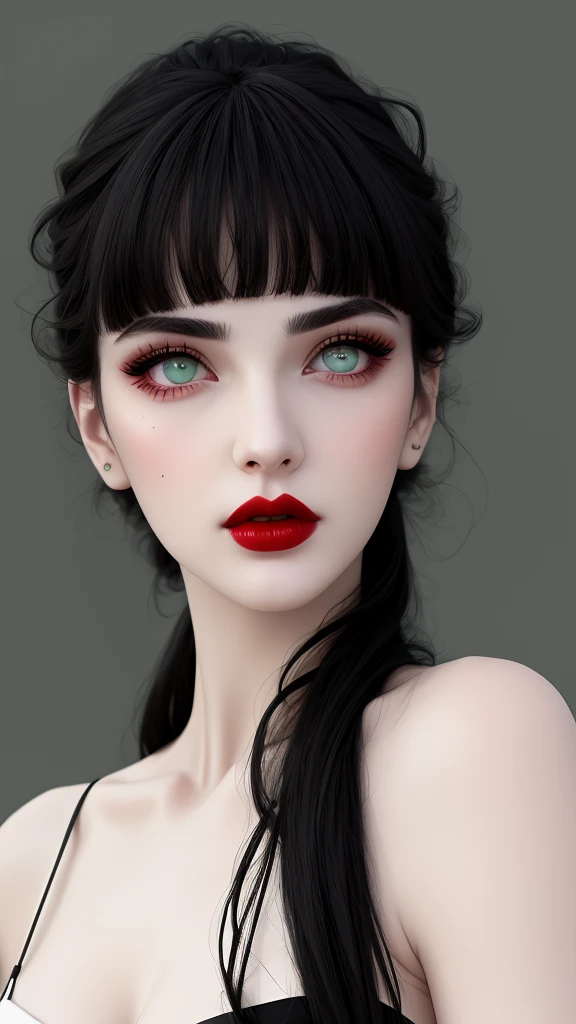 Pale body and black hair black eyebrows and green eyes big  red lips and perfect nose