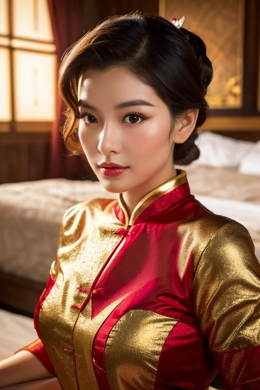 Asian woman in her early 50s lying on the bed wearing a red and gold Chinese dress, goddess of Japan, Very beautiful face,face perfect,(A detailed eye,real looking skin,Detailed skin,lipgloss),ighly detailed, gorgeous chinese model, ig model | ArtGerm, Seductive Girl, ross tran 8 k, Trending on CGSTATION, beautiful alluring female, like artgerm, by Oliver Sin, :: rossdraws, wojtek fus