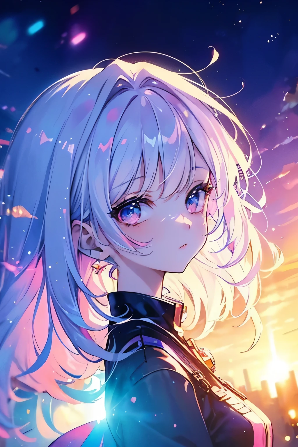 masterpiece, Potrait, fine detail, beautiful anime girl, solo, full color, cyberpunk, soft focus, Colorful light gradient, watercolor painting, lens flare, kirakira, Glow, Dreamy, city background