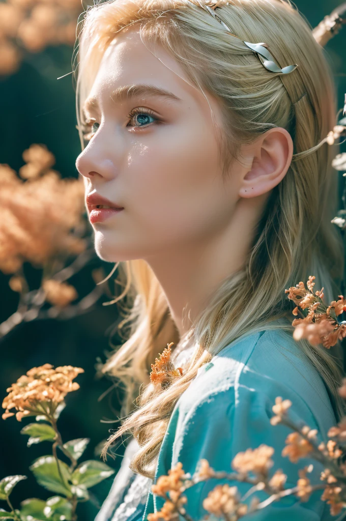 ( masterpiece, top quality, best quality,8k,17 years old girl,ultra detailed,raw photo:1.5),(photorealistic:1.4), (cinematic lighting), PerfectNwsjMajic, , Surrealism, UHD, ccurate, Super detail, textured skin, High detail, Best quality, dynamic angle, White skin,[Beautiful blue eyes], high nose,[flat chest:large breasts:0.5],(1girl),((good anatomy:0.5)),(covered in flowers:1.4), night sky, joint, (Blonde hair:1.3), interested in, fire and ice, (The image is divided into two，Available in a variety of colors:2), eyes blues, sapphire, liquid metal, night sky, (Look at an angle:1.3), (fire and ice), ((Lower chrome)), (hairpin:1.4), (forest:1.3), (fog: 1.3),  Subtle colors and tones, mystical aura ,dreamy atmosphere,expressive brush strokes, mystical ambiance, Artistic interpretation,