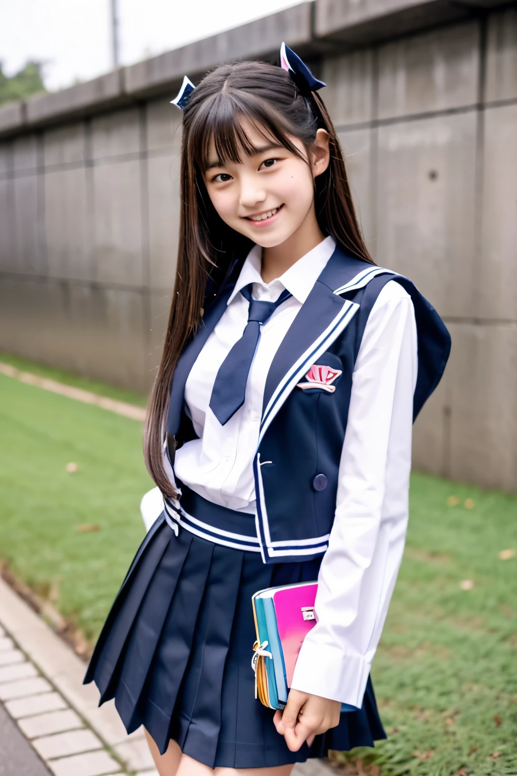 A 16-year-old high school student who is as cute as an idol、High 、Cleavage、Uniforms with a design that exposes breastini skirt、Young cute face、Smiling Kindly、whole body、RAW Photos、Genuine、Real、realism、Raw photo、High resolution、Life、No copyright notice