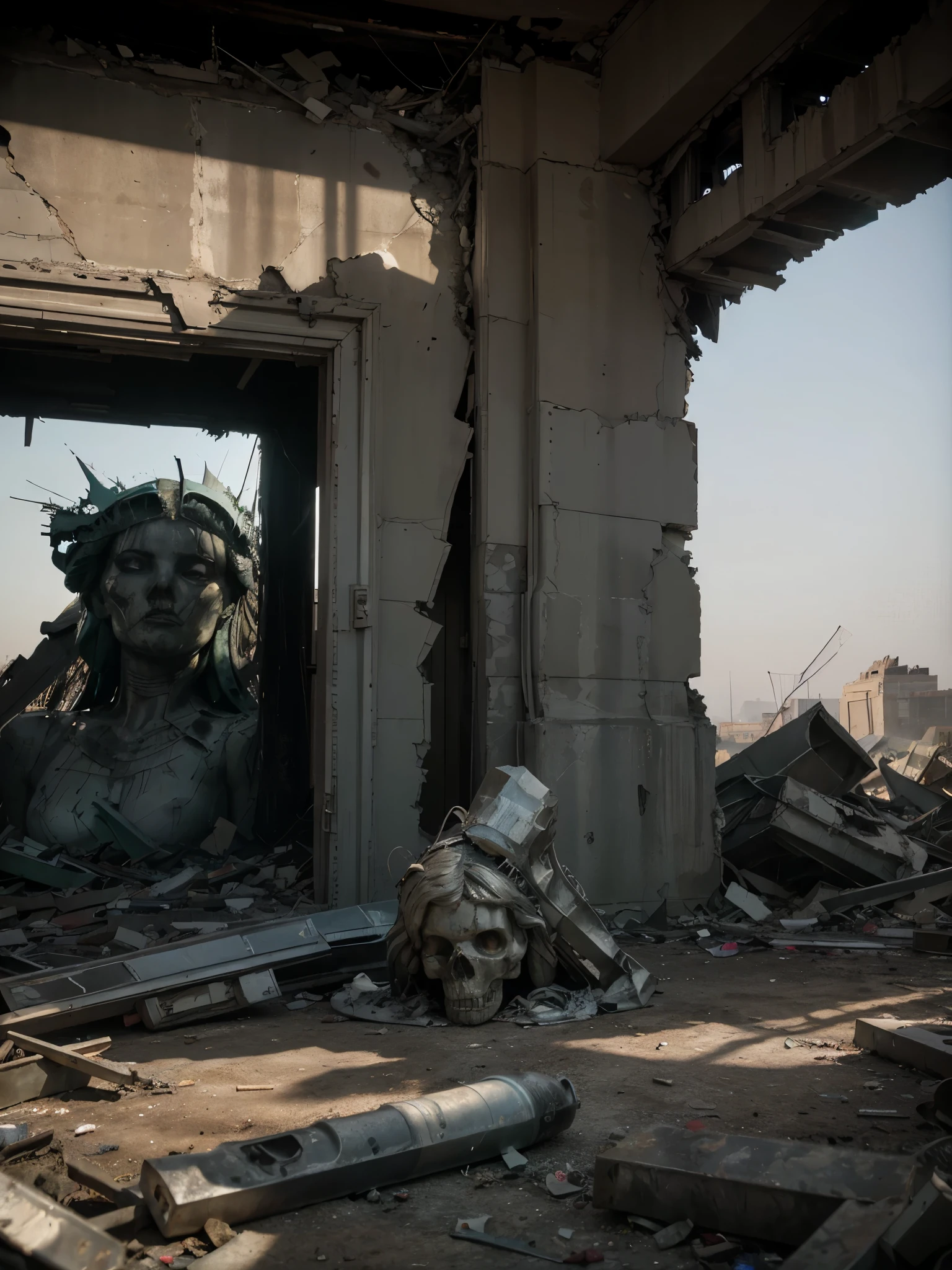 (Highest quality:1.3), cinematic shot, masterpiece, (sharp focus:1.5), (photorealistic:1.3), medium portrait of ruins of Liberty Statue, broken pieces of the statue, dusty statue, typical color of lady-liberty, torn USA flag on the ground, Against the backdrop of a desolate post-apocalypse, Ruined New York, Ruins of the Liberty Statue (lady-liberty), the wind, dust, Destroyed buildings, Skeletons of burnt cars, Oppressive atmosphere, Dirty skies, photo realism, Sharp focus, Human bones and skulls are scattered everywhere, garbage heaps, Wreckage of buildings, Fallout, Photo 3/4, Dust on lady-liberty, Oppressive atmosphere, (YES SFW)