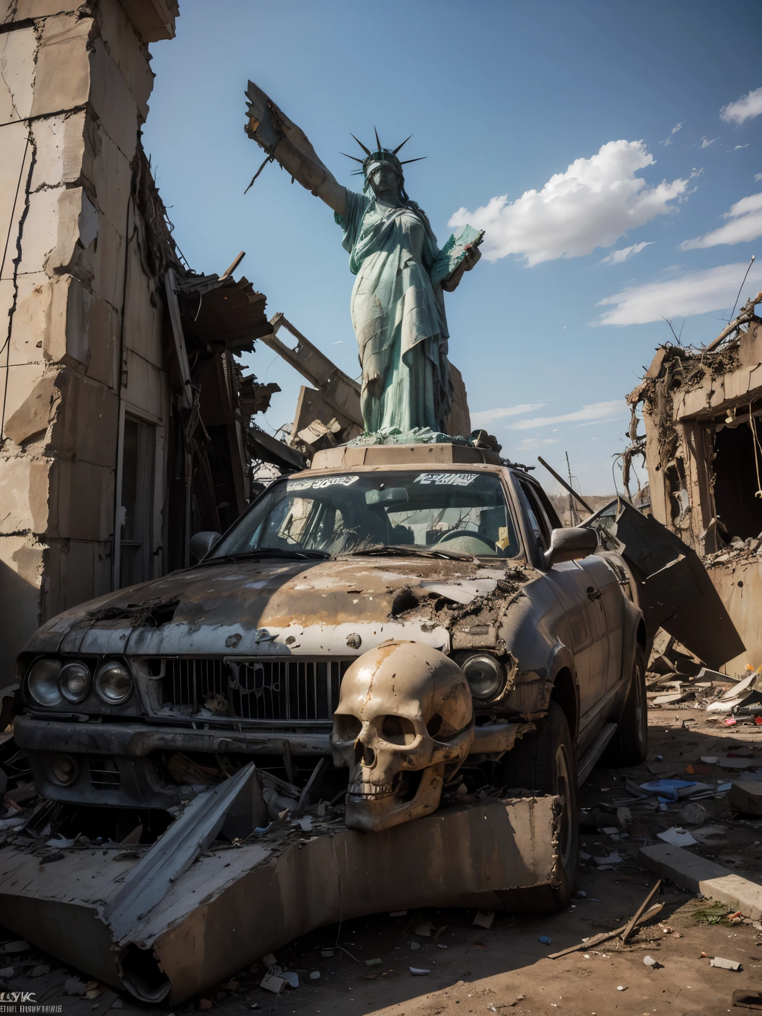 (Highest quality:1.3), cinematic shot, masterpiece, (sharp focus:1.5), (photorealistic:1.3), medium portrait of ruins of Liberty Statue, broken pieces of the statue, dusty statue, typical color of lady-liberty, torn USA flag on the ground, Against the backdrop of a desolate post-apocalypse, Ruined New York, Ruins of the Liberty Statue (lady-liberty), the wind, dust, Destroyed buildings, Skeletons of burnt cars, Oppressive atmosphere, Dirty skies, photo realism, Sharp focus, Human bones and skulls are scattered everywhere, garbage heaps, Wreckage of buildings, Fallout, Photo 3/4, Dust on lady-liberty, Oppressive atmosphere, (YES SFW)