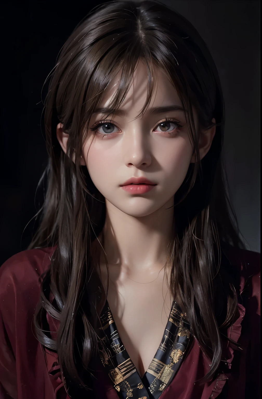 (front focus), (in the dark:1.6), Hyperrealist portrait of female by david hockney and alphonse mucha, regular medium breast, fantasy art, photo realistic, dynamic lighting, artstation, poster, volumetric lighting, very detailed faces, 4 k, award winning, 1girl, in the dark, deep shadow, low key, cowboy shot, (official clothing with a little cleavage:1.4), long blonde silky hair, white hair