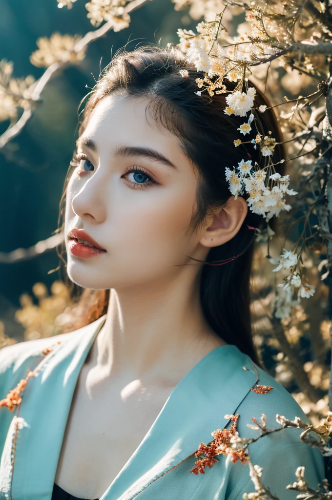 ( masterpiece, top quality, best quality,8k,17 years old girl,ultra detailed,raw photo:1.5),(photorealistic:1.4), (cinematic lighting), PerfectNwsjMajic, , Surrealism, UHD, ccurate, Super detail, textured skin, High detail, Best quality, dynamic angle, White skin,[Beautiful blue eyes], high nose,[flat chest:large breasts:0.5],(1girl),((good anatomy:0.5)),(covered in flowers:1.4), night sky, interested in, fire and ice, (The image is divided into two，Available in a variety of colors:2), eyes blues, sapphire, liquid metal, night sky, (Look at an angle:1.3), (fire and ice), ((Lower chrome)), (hairpin:1.4), (forest:1.3), (fog: 1.3),  Subtle colors and tones, mystical aura ,dreamy atmosphere,expressive brush strokes, mystical ambiance, Artistic interpretation,