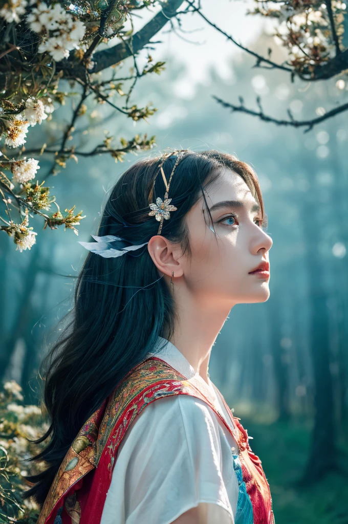 ( masterpiece, top quality, best quality,8k,17 years old girl,ultra detailed,raw photo:1.5),(photorealistic:1.4), (cinematic lighting), PerfectNwsjMajic, , Surrealism, UHD, ccurate, Super detail, textured skin, High detail, Best quality, dynamic angle, White skin,[Beautiful blue eyes], high nose,[flat chest:large breasts:0.5],(1girl),((good anatomy:0.5)),(covered in flowers:1.4), night sky, interested in, fire and ice, (The image is divided into two，Available in a variety of colors:2), eyes blues, sapphire, liquid metal, night sky, (Look at an angle:1.3), (fire and ice), ((Lower chrome)), (hairpin:1.4), (forest:1.3), (fog: 1.3),  Subtle colors and tones, mystical aura ,dreamy atmosphere,expressive brush strokes, mystical ambiance, Artistic interpretation,