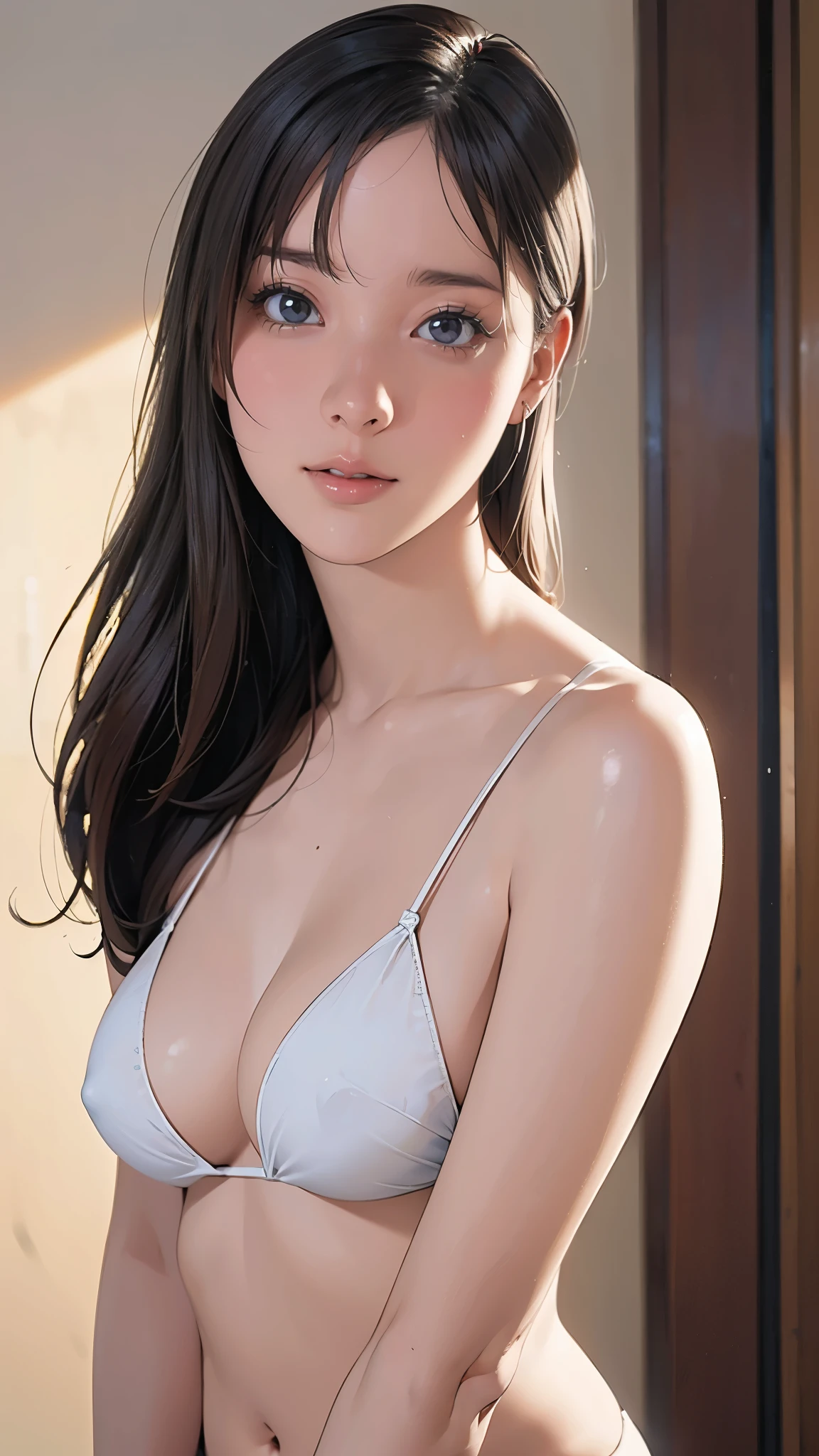 (masterpiece:1.2, highest quality), (Realistic, photoRealistic:1.4), Beautiful illustrations, (Natural Side Lighting, Cinema Lighting), Written boundary depth, Beautiful thighs staring at the viewer, (Face Focus, Upper Body), 1 female,20-year-old,alone,(With background:Hotel Rooms) , Completely naked, thin, slender, Long Hair, Straight Hair, Forehead, thin, slender, Very big , bikini, Are standing, ((Close-up)), ((Close-up)), ((Close-up))