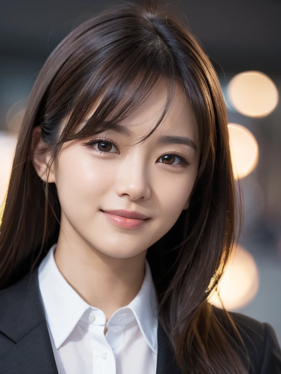 Tabletop、highest quality、Genuine、Very detailed、finely、High resolution、8k wallpaper、Age 25、One beautiful woman、、、light brown disheveled hair、Wear a business suit、Sharp focus、Perfect dynamic composition、Beautiful and detailed、Thinning hair、Detailed Genuine skin texture、smile、Close-up portrait、Model Body Type、Bayside at night、