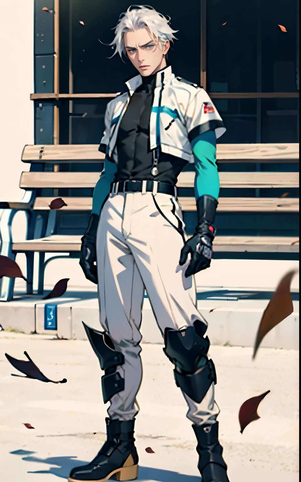A middle-aged man, long platinum-blond hair, neatly combed hair, a square face, a serious expression, sharp eyes, tall figure, a dark fantasy-realistic style bodysuit, short sleeve, a silver-white chestplate, gloves with metal accessories, three metal blades extending from the gloves, tight-fitting pants that match the bodysuit, silver-white metal shin guards, boots, the background is a mountain forest at night, with falling leaves, this character embodies a finely crafted fantasy-realistic style assassin in anime style, characterized by an exquisite and mature manga illustration art style, high definition, best quality, highres, ultra-detailed, ultra-fine painting, extremely delicate, professional, anatomically correct, symmetrical face, extremely detailed eyes and face, high quality eyes, creativity, RAW photo, UHD, 8k, Natural light, cinematic lighting, masterpiece-anatomy-perfect, masterpiece:1.5