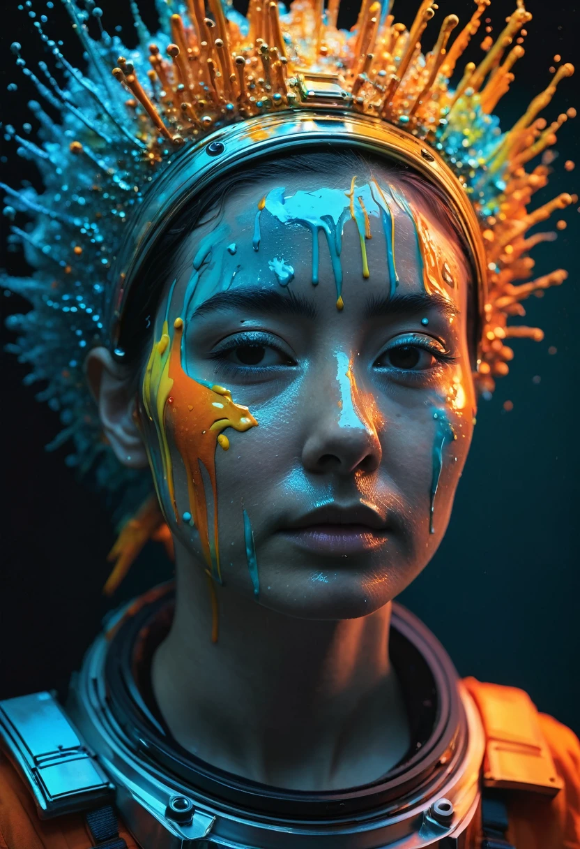 8K, ARTISTIC photogrAphy, best quAlity, mAsterpiece: 1.2), A (potrAit:1.2)  ASTRONAUT  ORANGE, full body RAW candid cinema, cyan hair, 16mm, color graded portra 400 film, remarkable color, ultra realistic, sad admosphere, dark lighting, oppressive atmosphere, depressive colors, kodak portra 400, photograph,r, Natural Light,  Pinhead lighgts, blur reflection, Brush Strokes, Smooth, abstract, Splatter, Oil On Canvas, rainbow colors, fractal isometrics details bioluminescens : a stunning realistic photograph of wet bone structure, 3d render, octane render, intricately detailed, titanium decorative headdress, cinematic, trending on artstation | Isometric | Centered