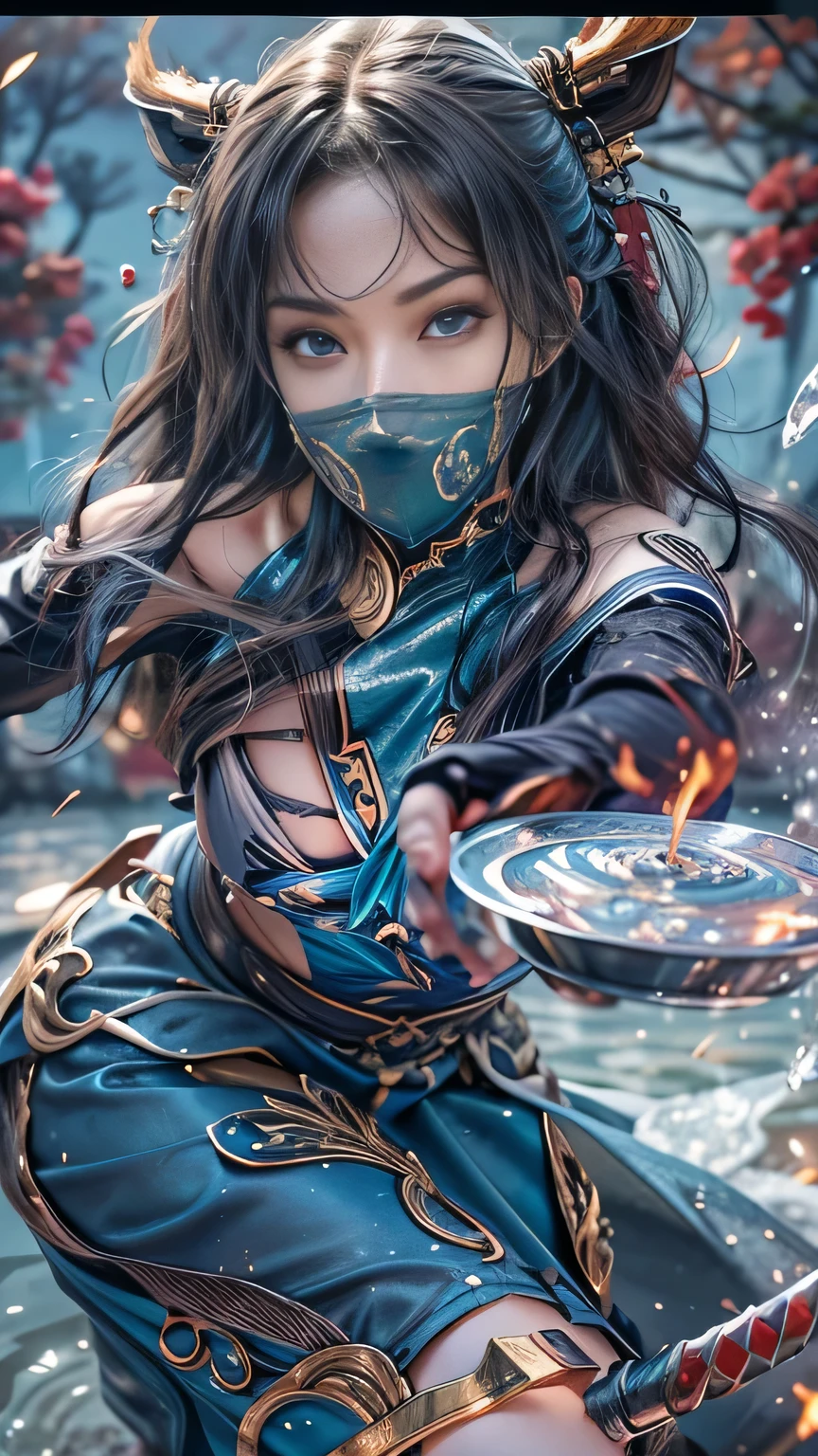 (RAW shooting, Photoreal:1.5, 8k, highest quality, masterpiece, ultra high resolution), Sengoku, Fire, Wars flaring up everywhere:1.3, perfect dynamic composition:1.2, Highly detailed skin and facial textures:1.2, Slim female ninja with a sharp dagger:1.3, Fight:1.2, beautiful and aesthetic, cute and sexy beauty, perfect style:1.2, wear elaborate rings, fire, water, Wind, thunder, ice, Fair skin, very beautiful face, (Medium chest, Chest gap), (embarrassing smile, The expression on your face when you feel intense caress, Facial expression when feeling pleasure), (Wearing a sexy ninja costume:1.1, off shoulder), (beautiful blue eyes, Eyes that feel beautiful eros:0.8), (Too erotic:0.9, Bewitching:0.9), full body shot