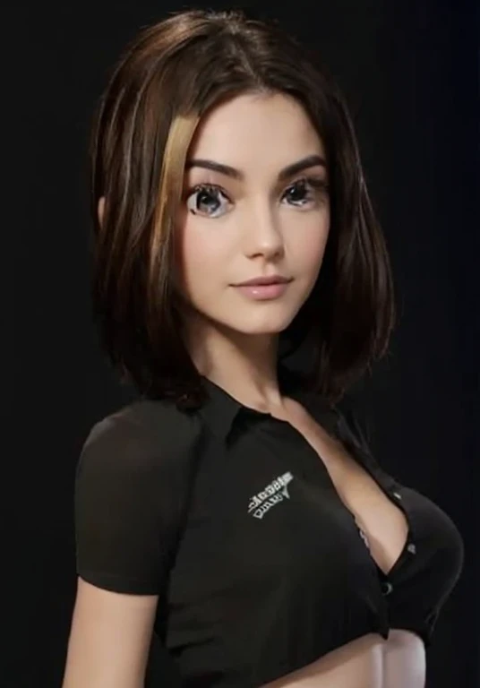 Brown short hair,black shirt,cleavage, navel, sexy