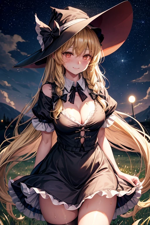 Touhou Project, Marisa Kirisame, golden eyes, beautiful girl, confusion, sweat, slightly embarrassed blushing smile, black witch hat with a white ribbon wrapped around it, cleavage visible through the gap in the shirt, torn black white shirt Best chest witch apron dress 4 gold buttons, blonde sideburns, left braid, slender, starry sky, night sky, grassland,