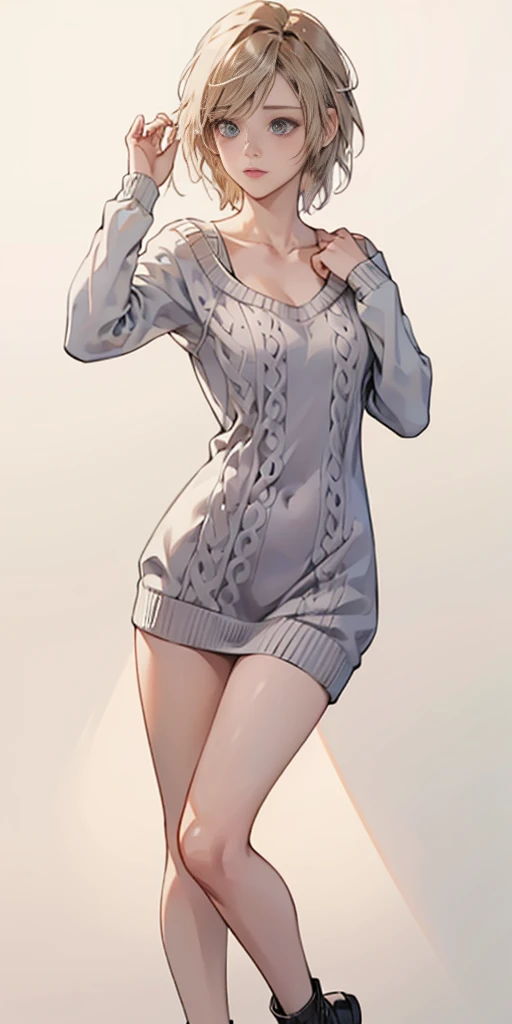 ((plain background:1.2)) ((1girl)) full body, standing, (Lunafreya - Final fantasy wearing Virgin killer sweater)