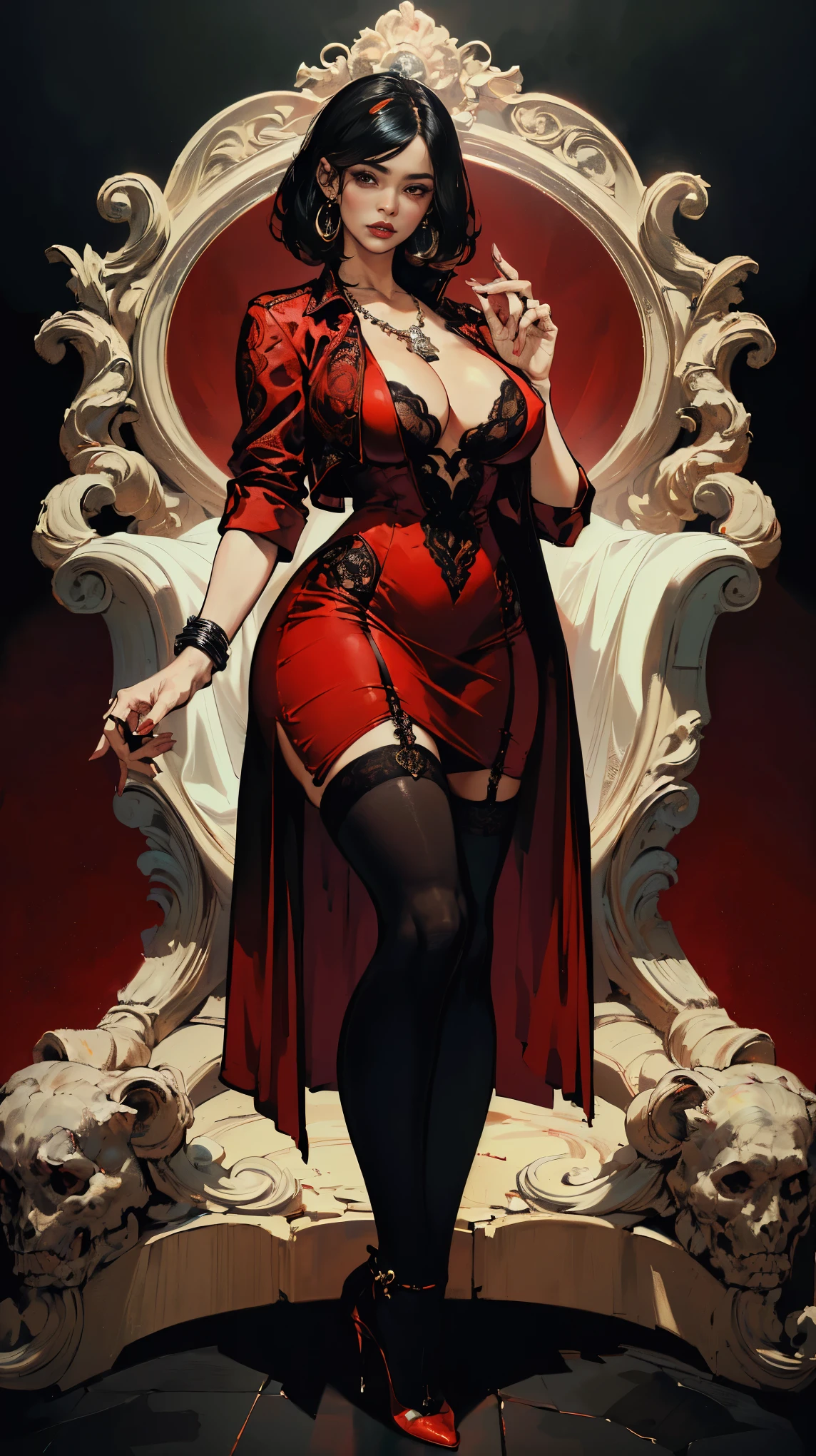 (best quality,4k,8k,highres,masterpiece:1.2), ultra-detailed,(realistic,photorealistic,photo-realistic:1.37), 1 female, age 34. Known for her vivacious personality and strong sense of responsibility, Yumi embodies the role of a dynamic and captivating single mother and manager at an upscale hostess club. Her body language is as commanding as her looks, always exuding confidence and charm. (((She's wearing a sophisticated Gucci dress in a bold red color that highlights her hourglass body and perfectly round cup D breasts, perfectly embodying the balance between luxury and functionality. The dress is paired with a chic black blazer))). (((She enhances her look with black stockings and sky-high Alexander McQueen heels))), carrying her ensemble with an air of unapologetic confidence. Her accessories include a Chanel pendant necklace that rests just above her chest. ((intricate detail)), super finely detailed hands, ultra finely detailed fingers(((ten fingers))), (standing confidently), (full body showcase), (show full body), (no logos on background), (no logo).