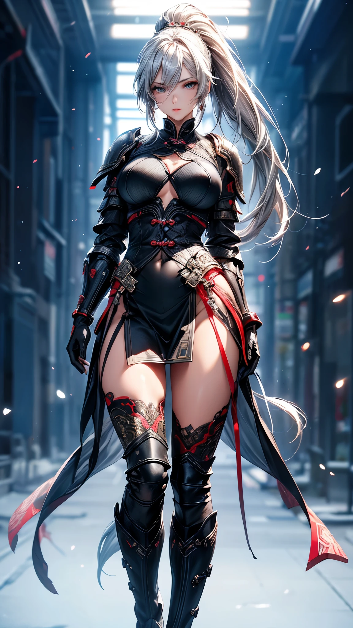 ((Ultra-delicate)), (Be focused), (high resolution), Deformed depth of field blurred background, (Detailed background), Perfect layer cut, (full-body shot/Cowboy shooting), wallpaper, One, Lovely beauty, alone, Silver hair with gradient stripes and blue tail, ponytail, Light blue eyes, thin eyebrows, long upper eyelashes, Double eyelids, Upper Eye, delicate eyes, Sexy lips, lip details, complicated, Female General, Oversized Combat Knife, silver and red, Gorgeous, Full body armor, Combat boots, of the Tang Dynasty, Chang'an Avenue, Chinese style, CG unity, 8k