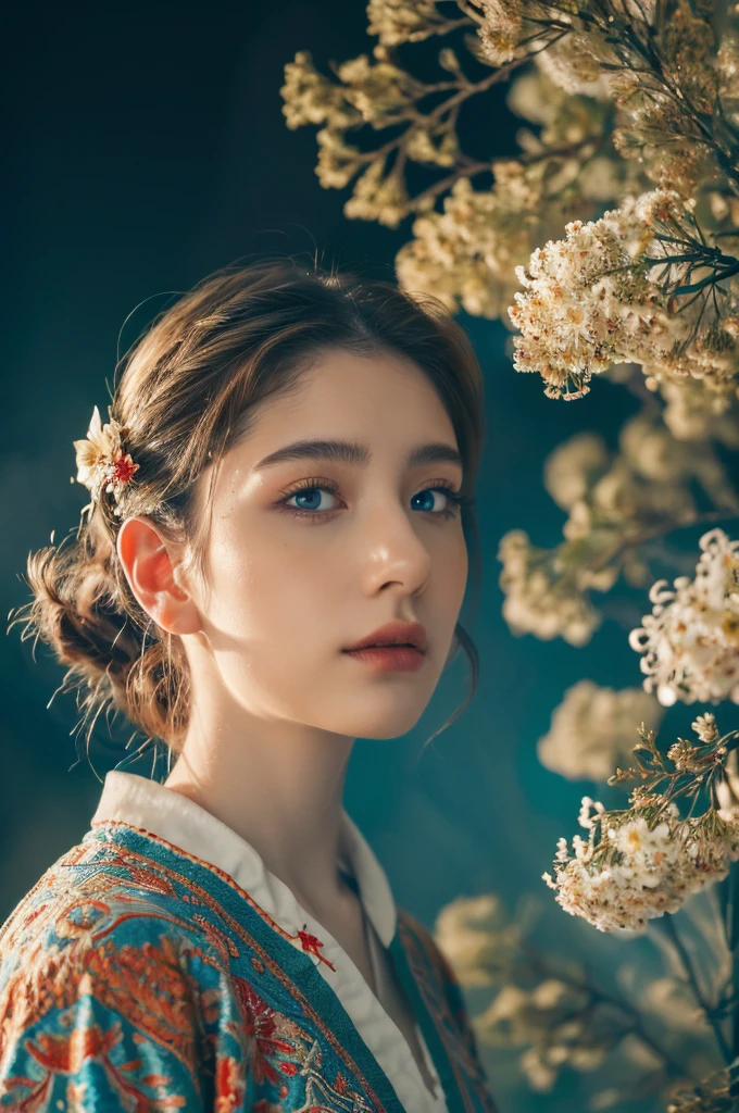 ( masterpiece, top quality, best quality,8k,17 years old girl,ultra detailed,raw photo:1.5),(photorealistic:1.4), (cinematic lighting), PerfectNwsjMajic, , Surrealism, UHD, ccurate, Super detail, textured skin, High detail, Best quality, dynamic angle, White skin,[Beautiful blue eyes], high nose,[flat chest:large breasts:0.5],(1girl),((good anatomy:0.5)),(covered in flowers:1.4), night sky, interested in, fire and ice, (The image is divided into two，Available in a variety of colors:2), eyes blues, sapphire, liquid metal, night sky, (Look at an angle:1.3), (fire and ice), ((Lower chrome)), (hairpin:1.4), (forest:1.3), (fog: 1.3),  Subtle colors and tones, mystical aura ,dreamy atmosphere,expressive brush strokes, mystical ambiance, Artistic interpretation,