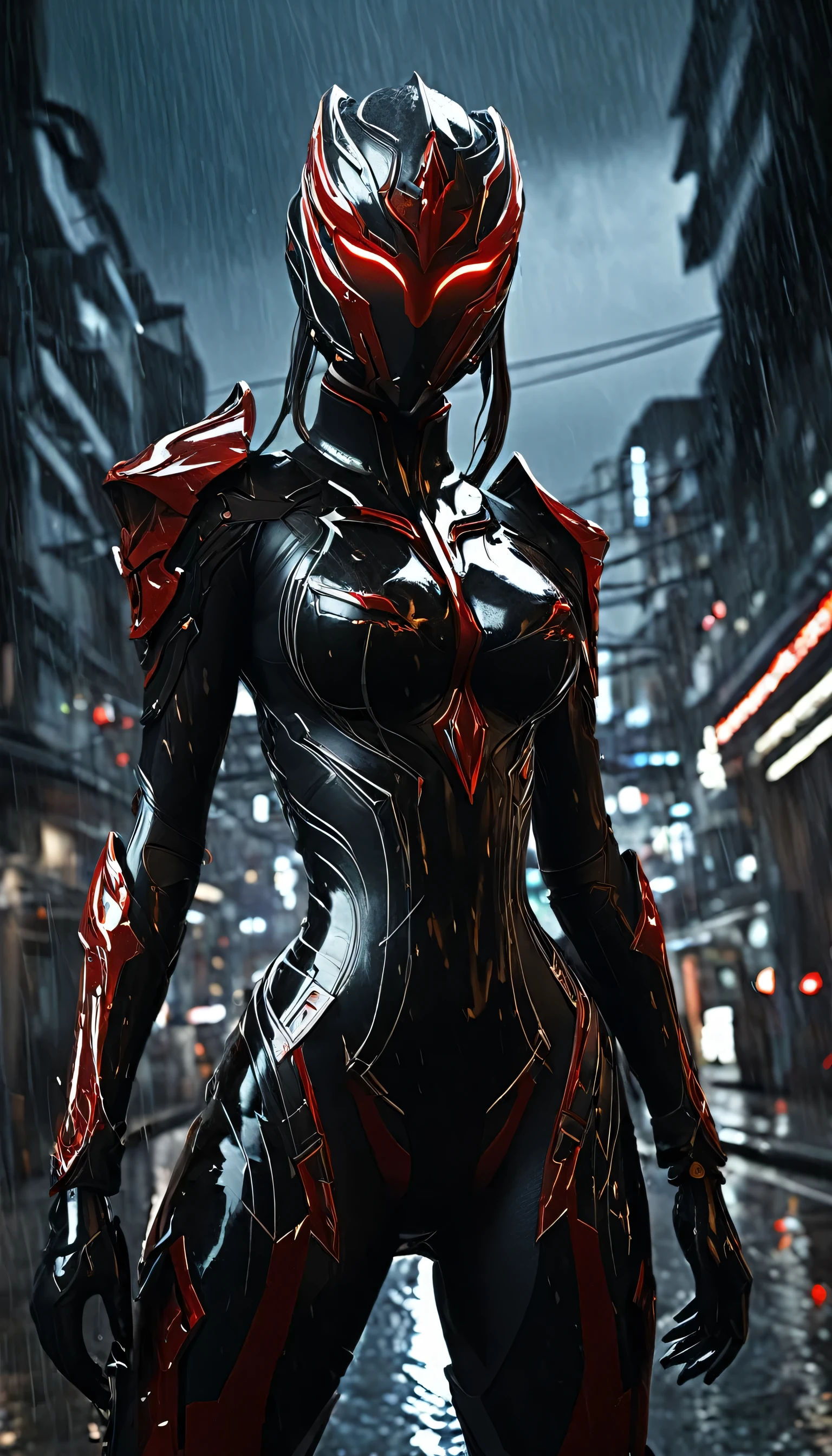 1 japanese girl, WARFRAME, intricate pattern, heavy metal, energy lines, faceless, glowing eyes, elegant, intense, blood red and black uniform, solo, modern, city, streets, dark clouds, thunderstorm, heavy rain,, dramatic lighting,, (masterpiece:1.2), best quality, high resolution, beautiful detailed, extremely detailed, perfect lighting,