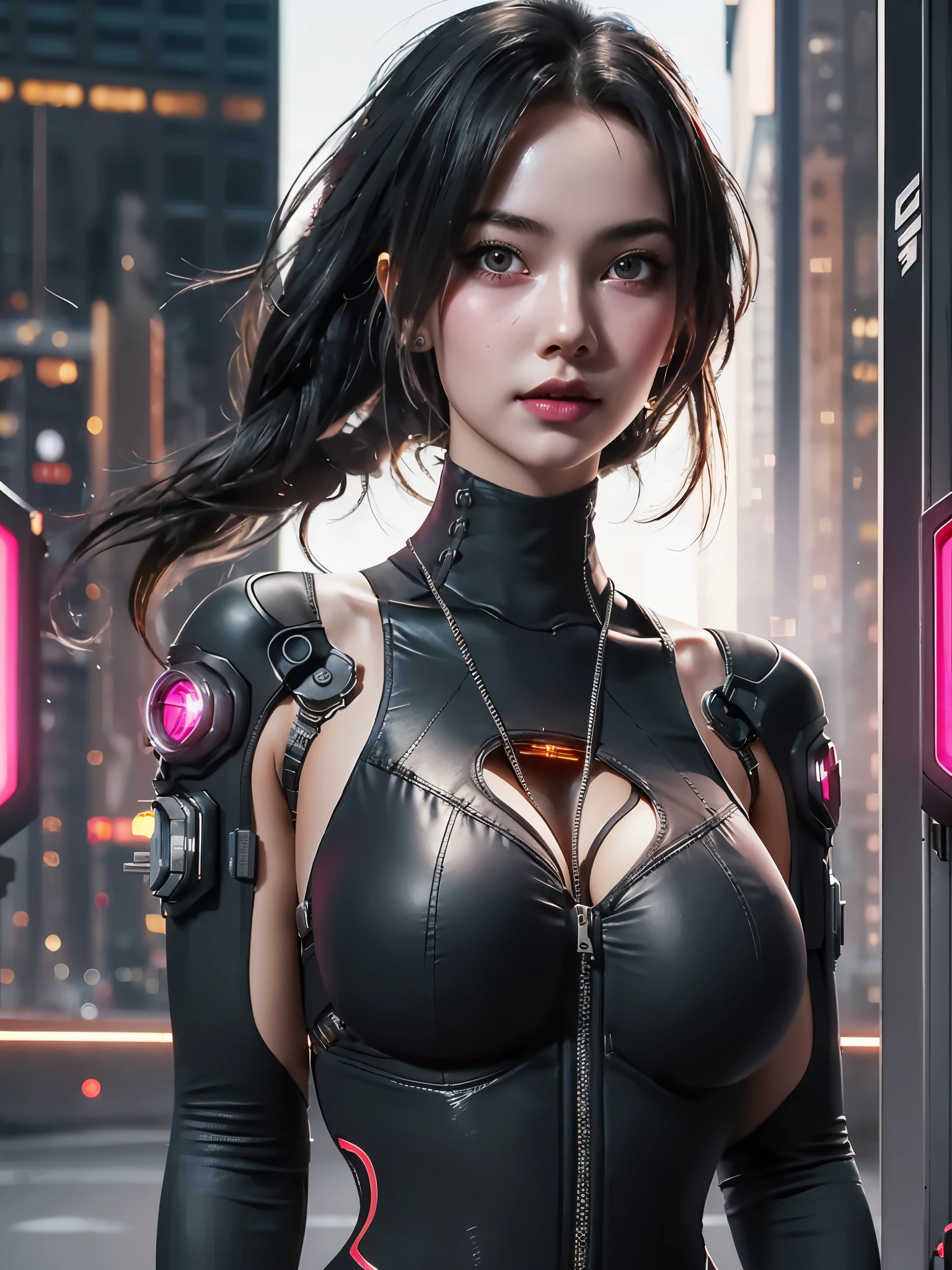 (girl with key lighting:1.2), BREAK, 1girl, fit (cyberpunk bodysuit:1.2), (key lighting:1.2), detailed face, captivating, seductive, alluring, kimono, cleavage, mesmerizing pose, photography, huge breasts,