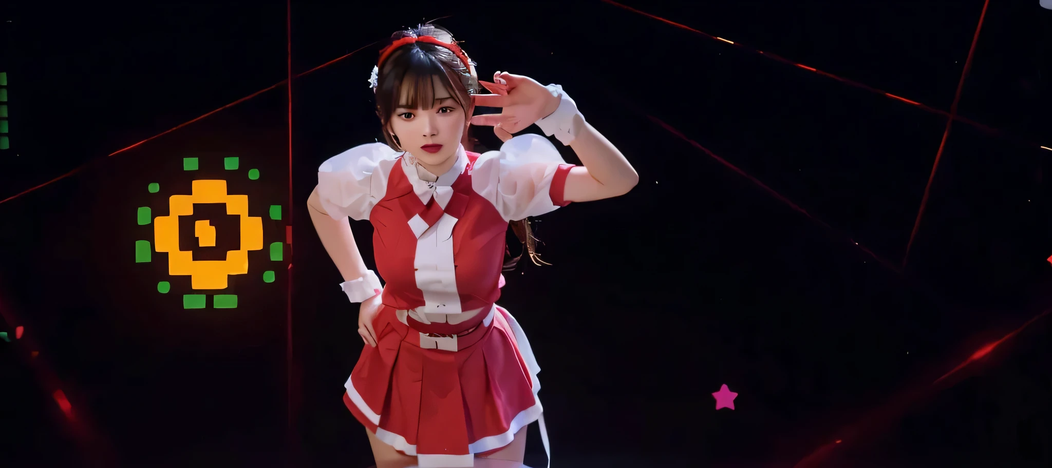 a close up of a person in a short dress with a red and white outfit,