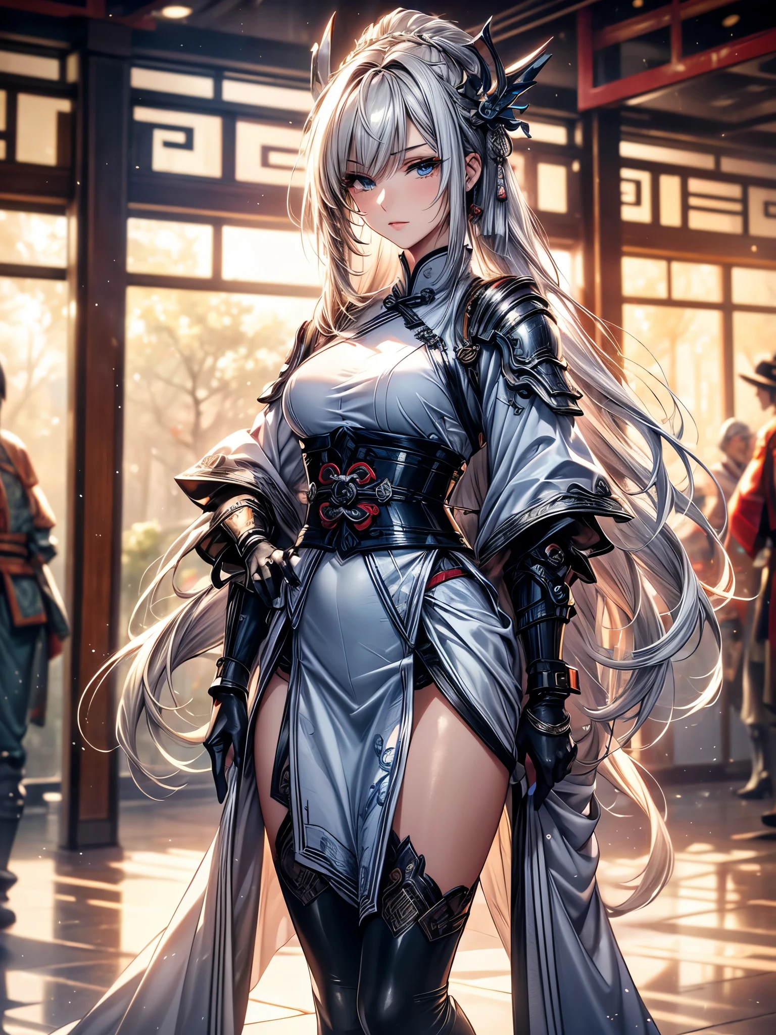 ((Ultra-delicate)), (Be focused), (high resolution), Deformed depth of field blurred background, (Detailed background), Perfect layer cut, (full-body shot/Cowboy shooting), wallpaper, One, Lovely beauty, alone, Silver hair with gradient stripes and blue tail, Light blue eyes, thin eyebrows, long upper eyelashes, Double eyelids, Upper Eye, delicate eyes, Sexy lips, lip details, complicated, Female General, Oversized Combat Knife, silver and red, Gorgeous full body armor, Combat boots, of the Tang Dynasty, Chang'an Avenue, Chinese style, CG unity, 8k