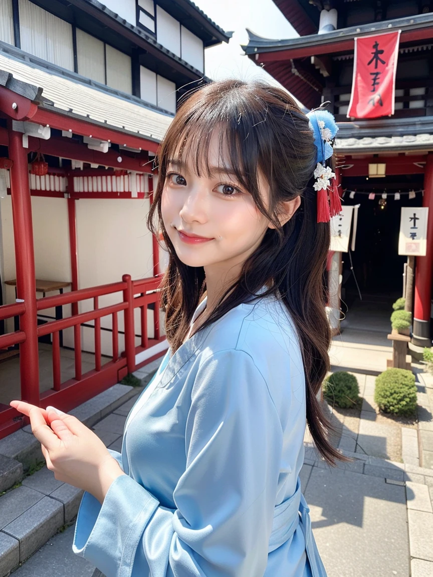 Full body photo、whole、最high quality, masterpiece, 32k、Very detailed、Realistic、1 girl, Japanese women、Cute face, (photo Actual:1.3), Edge lighting, (Skin with attention to detail:1.2), 8k超High resolution, Single-lens reflex camera, high quality, High resolution, 4K, 8k, Optimal ratio of four fingers to one thumb, (Actual:1.3), smile、自然なsmile、Japanese Festivalsの衣装(black、Light blue line design、Japanese Festivalsの衣装、Dharma)、cute 1 girl, Realistic、Super Realistic、32k、Very detailed、masterpiece, 最high quality, beautiful girl, beauty、 Japanese Festivals、Stalls are lined up、Mikoshi (portable shrine)