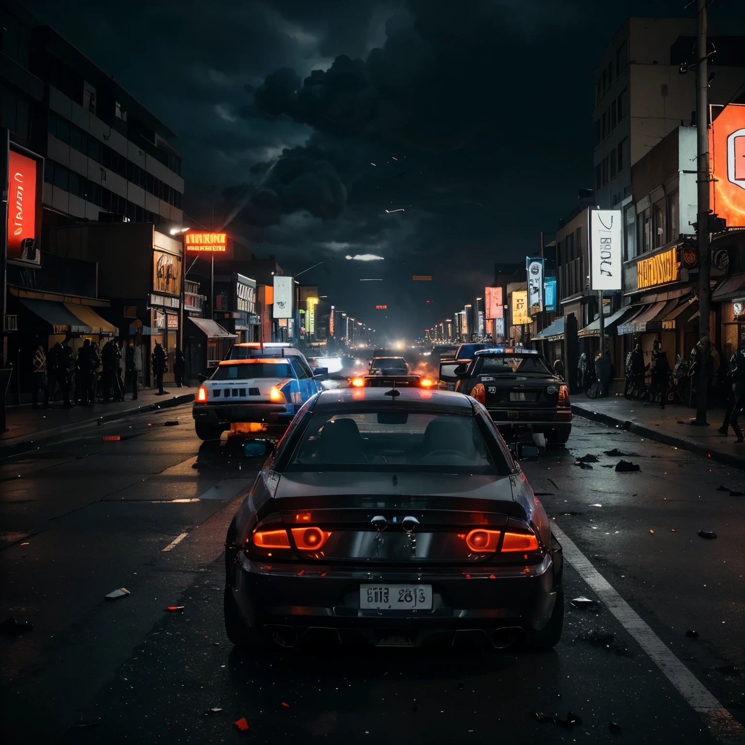 "(best quality,highres),A gengster car being shot by police,urban landscape,night scene,fast-paced action,burning tires,smoke,gunfire,powerful explosion,dynamic camera angles,high adrenaline,multi-colored neon lights,shattered glass,streets filled with chaos,grim atmosphere,city skyline in the background,police sirens wailing,blaring horns,urban graffiti,police officers in tactical gear,debris flying in the air,ominous dark clouds overhead,dramatic shadows,shattered windshield,screeching tires"