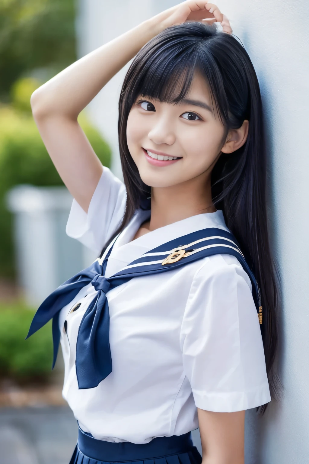 Close-up of a woman posing for a photo,  Japanese Model, Beautiful Asian Girl,  female model,  4K、Black Hair、bangiddle Hair、Straight hair、(White shirt, Sailor  , Dark blue pleated skirt:1.2),　(Super cute idol-like face:1.2)、Slim and beautiful figure、Beautiful breasts、smile、