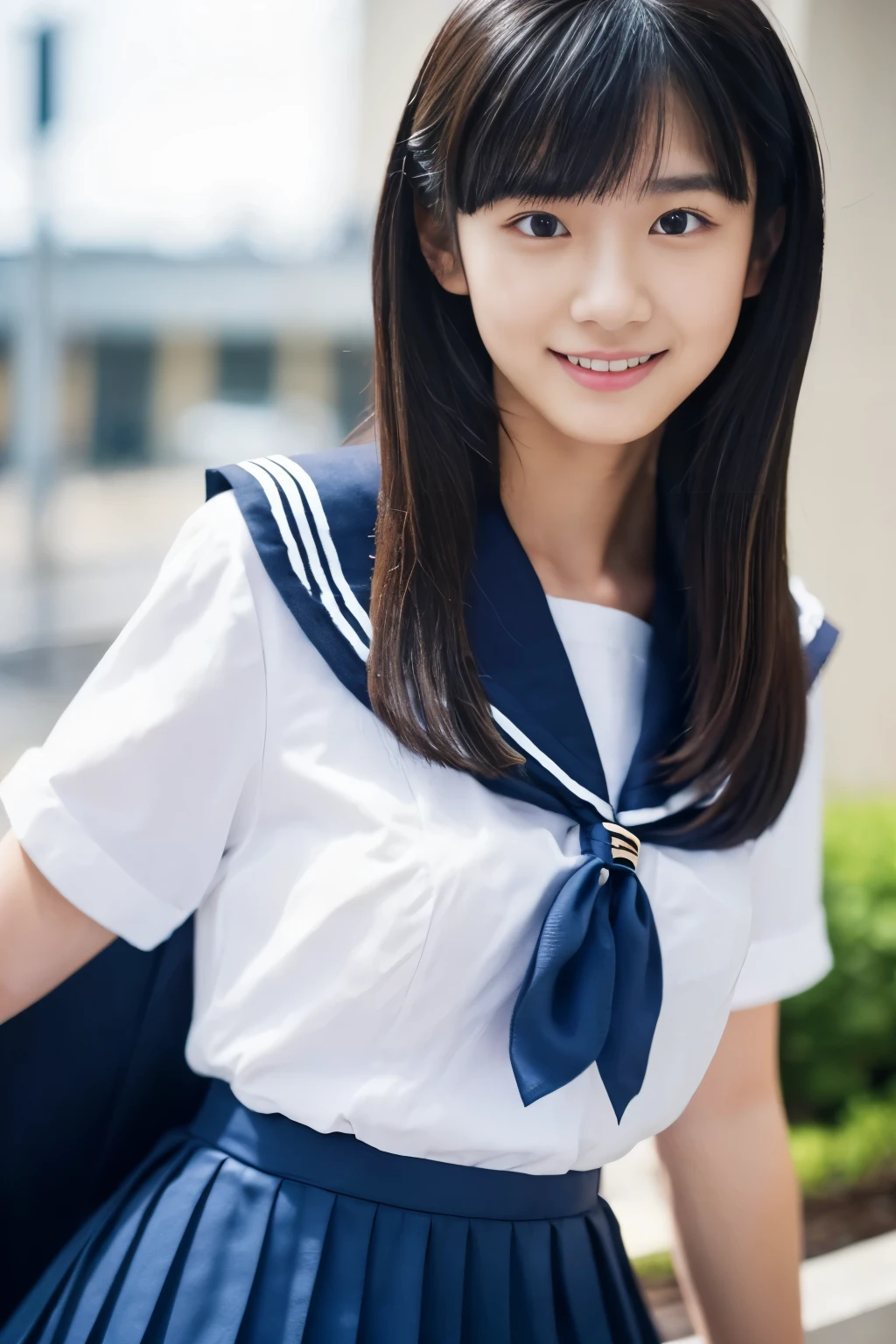 Close-up of a woman posing for a photo,  Japanese Model, Beautiful Asian Girl, 15 year old female model,  4K、Black Hair、bangiddle Hair、Straight hair、(White shirt, Sailor  , Dark blue pleated skirt:1.2),　(Super cute idol-like face:1.2)、Slim and beautiful figure、Beautiful breasts、smile、