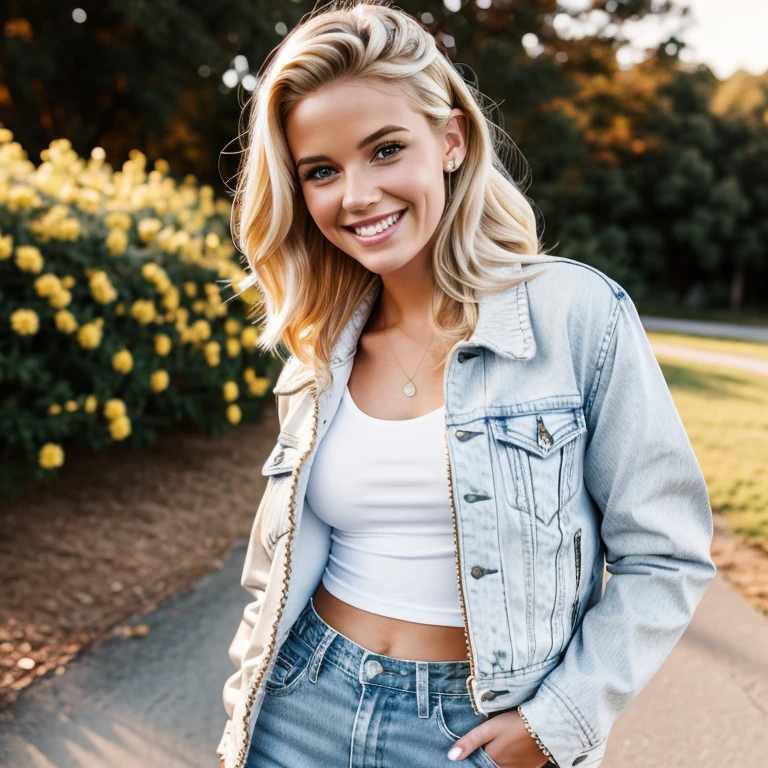 young blonde woman in mom jeans, white tee and jacket, smiling, designer 90s clothing, photorealistic, realistic, photorealism, glamour shot