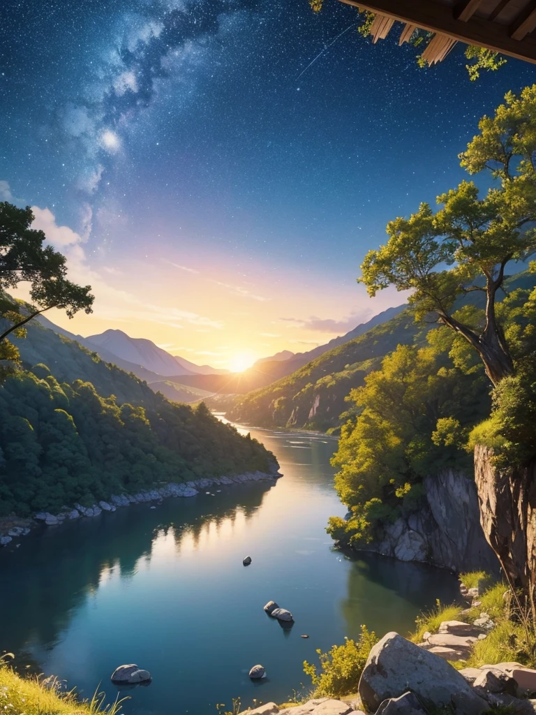 Beautiful views、Beautiful sight、A river runs through the center、Mountain on the right々、Starry Sky、meteor、sunset