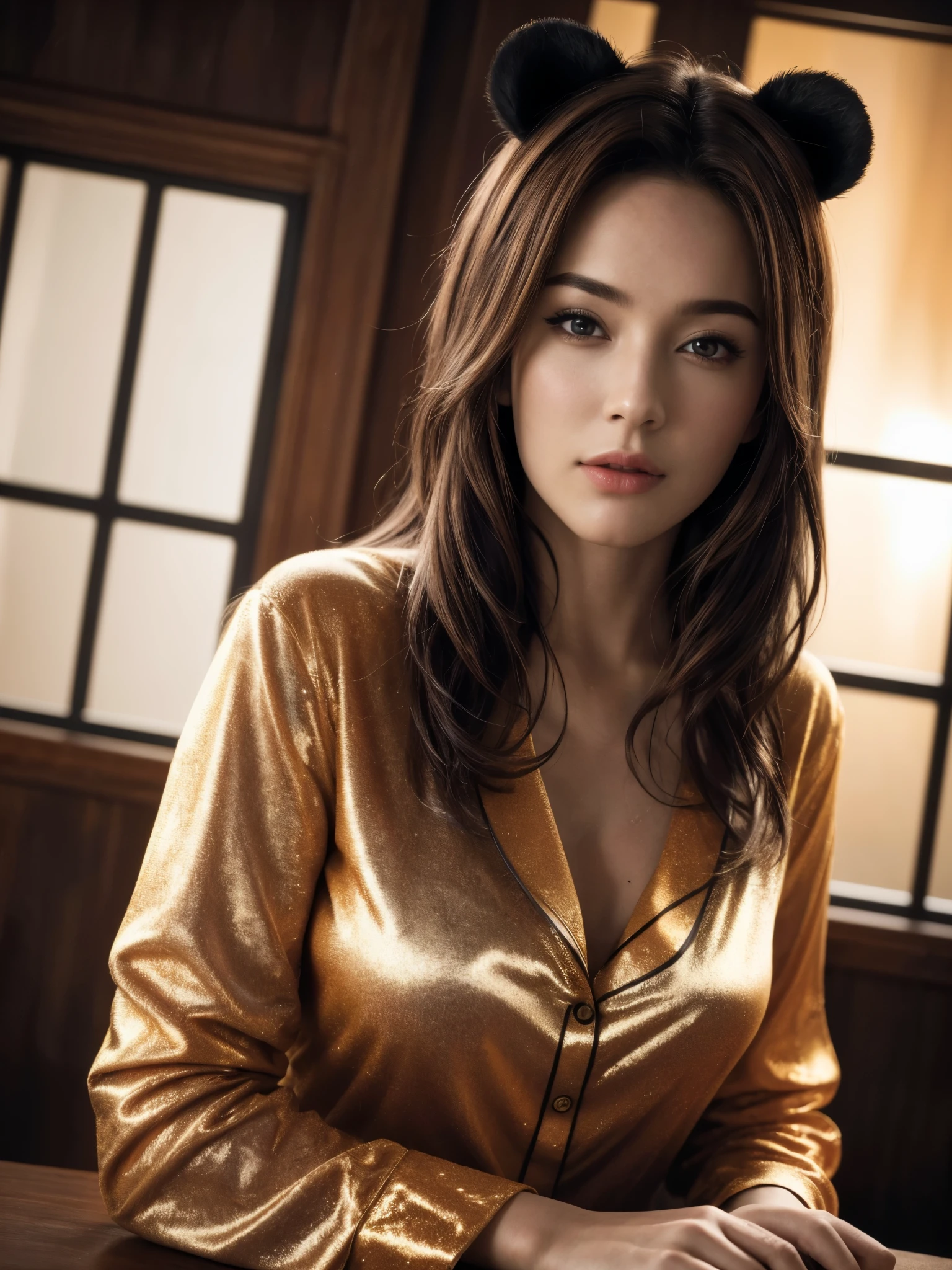 (best quality,4k,8k,highres,masterpiece:1.2), ultra-detailed, (realistic,photorealistic,photo-realistic:1.37), brown colored hair, hair ribbon, Surrealism, cinematic lighting, close-up, panda Plush pajamas, perfect hand, perfect fingers, random pose, UHD, high details, HDR, studio lighting, vivid colors, surrealistic background, vibrant atmosphere, impressive colors