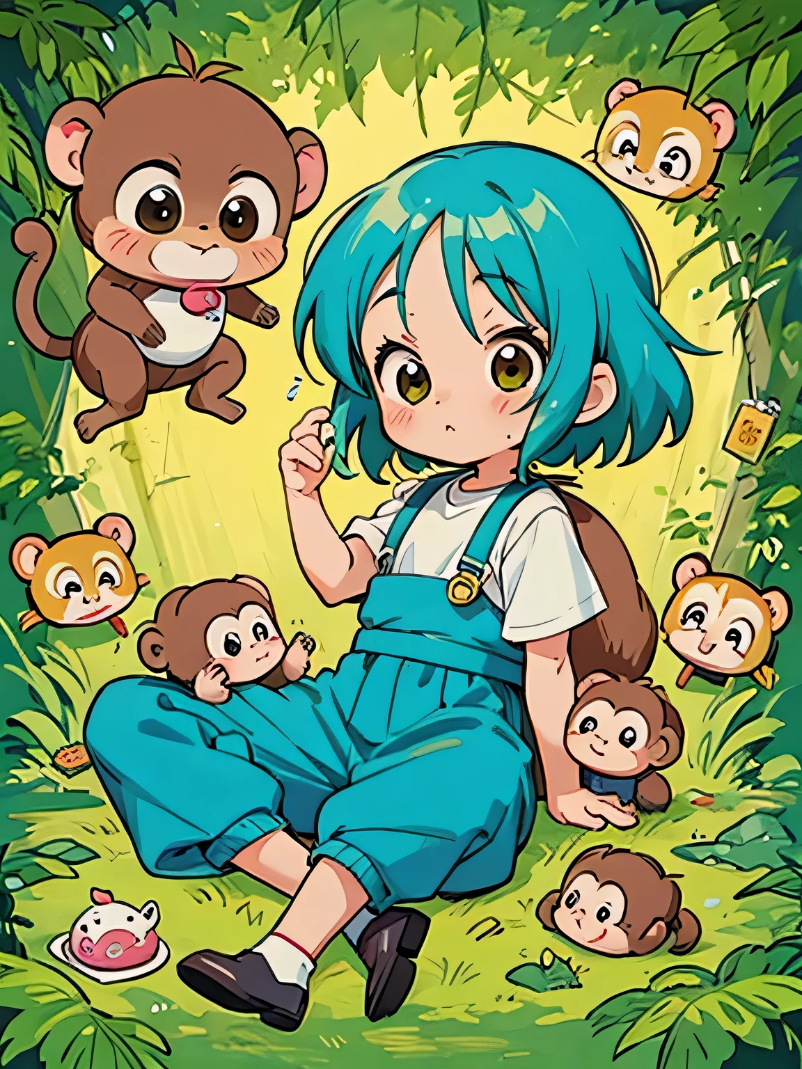 Akira Toriyama style, Kawaii Design, The most beautiful girl of all time、Chibi monkey, monkey Forest