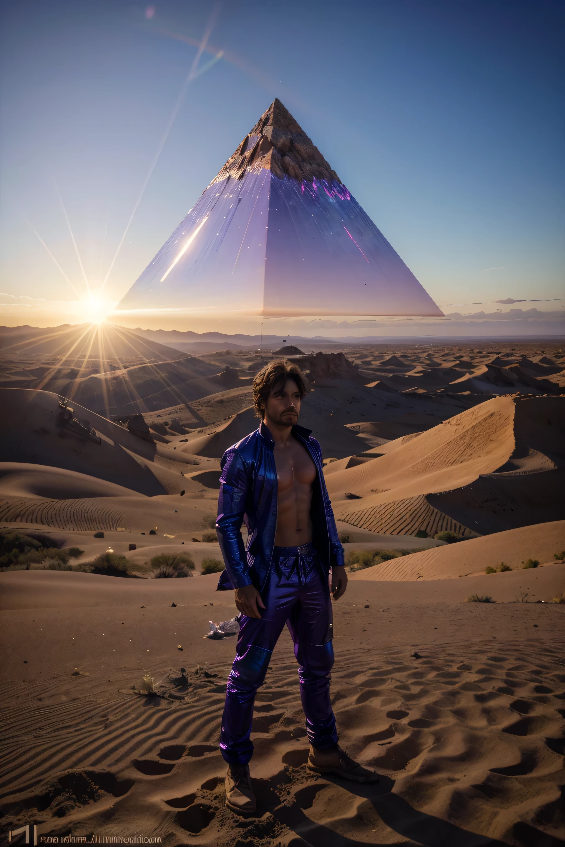There is a man standing in the desert, surrounded by the stillness of the sandy expanse, holding a large, transparent object filled with magical crystals. The crystals shimmered in various hues of blue and purple, their intricate triangular shapes reflecting the cinematic lens flare from the distant sun. Inspired by the artistic style of Louis Mathieu Verdilhan, this scene could serve as a captivating album art for a renowned trance DJ, symbolizing the concept of connectedness across the four dimensions. The man's determined gaze and the mystical aura of the crystals exuded a sense of enchantment and wonder. (full-body:1.4,