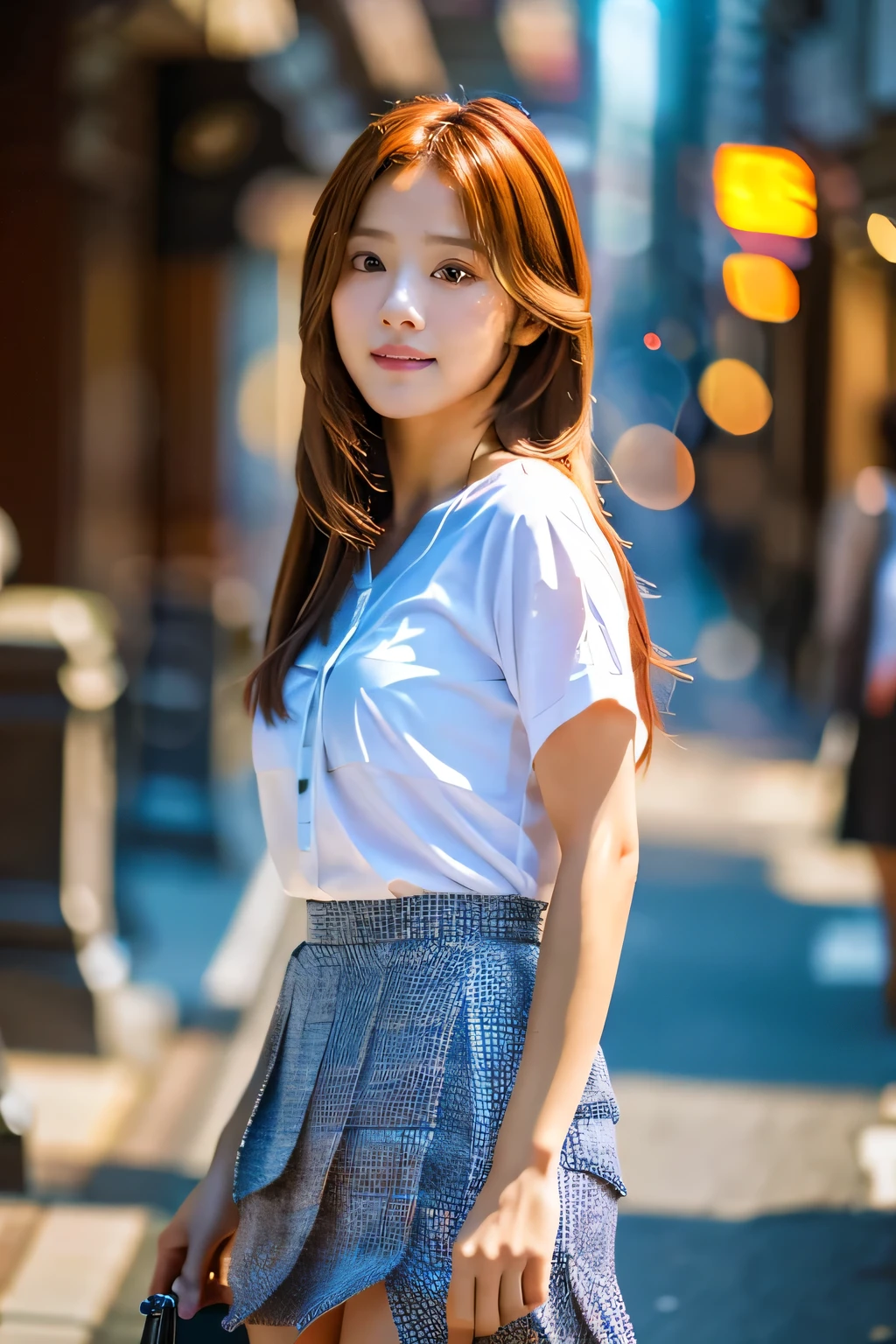 (1. Female), (The best quality at its best:1.4), (Super detailed), (Very detailed CG unified 16k), Beautiful woman with perfect figure: 1.4, Sharp focus: 1.2, Very detailed, High-quality RAW color photos, Professional photography, Great face and eyes, cosmetics, (Amazingly beautiful girl), ((Asuka)), ((shirt, Pleated mini skirt)), Are standing, Sexy posture,(Stylish cityscape, Dawn, Dawn:1.3), (View from below), Realistic movie faces, Wide zoomed out view of head to foot length, Full body long view, Realistic, ((Realistic natural orange red hairstyle, Realistic blue eyes, Long Hair)), nice, Very beautiful face, Perfect model beauty, Mouth swelling, Highly detailed face and skin texture, Fine grain, double eyelid, Medium chest, smile, Crack, west, (masterpiece), highest quality, High resolution, Very detailed, Blurred Background, Depth of written boundary, Cinema Lighting, Great legs, High heels, Clear, well-maintained skin, (((Women make up the majority of the photo)))