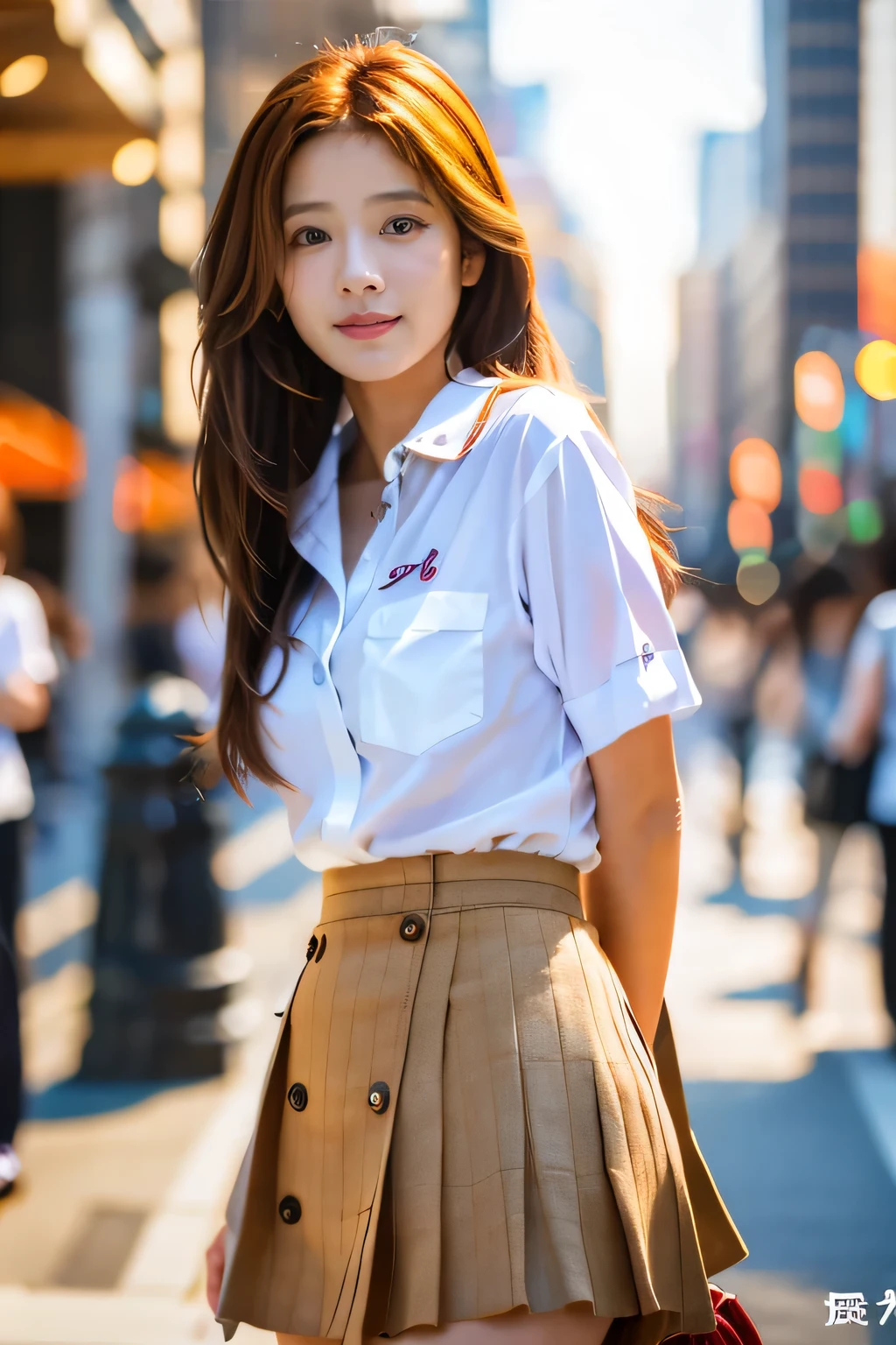 (1. Female), (The best quality at its best:1.4), (Super detailed), (Very detailed CG unified 16k), Beautiful woman with perfect figure: 1.4, Sharp focus: 1.2, Very detailed, High-quality RAW color photos, Professional photography, Great face and eyes, cosmetics, (Amazingly beautiful girl), ((Asuka)), ((shirt, Pleated mini skirt)), Are standing, Sexy posture，(Stylish cityscape, Dawn, Dawn:1.3), (View from below), Realistic movie faces, Wide zoomed out view of head to foot length, Full body long view, Realistic, ((Realistic natural orange red hairstyle, Realistic blue eyes, Long Hair)), nice, Very beautiful face, Perfect model beauty, Mouth swelling, Highly detailed face and skin texture, Fine grain, double eyelid, Medium chest, smile, Crack, west, (masterpiece), highest quality, High resolution, Very detailed, Blurred Background, Depth of written boundary, Cinema Lighting, Great legs, High heels, Clear, well-maintained skin, (((Women make up the majority of the photo)))