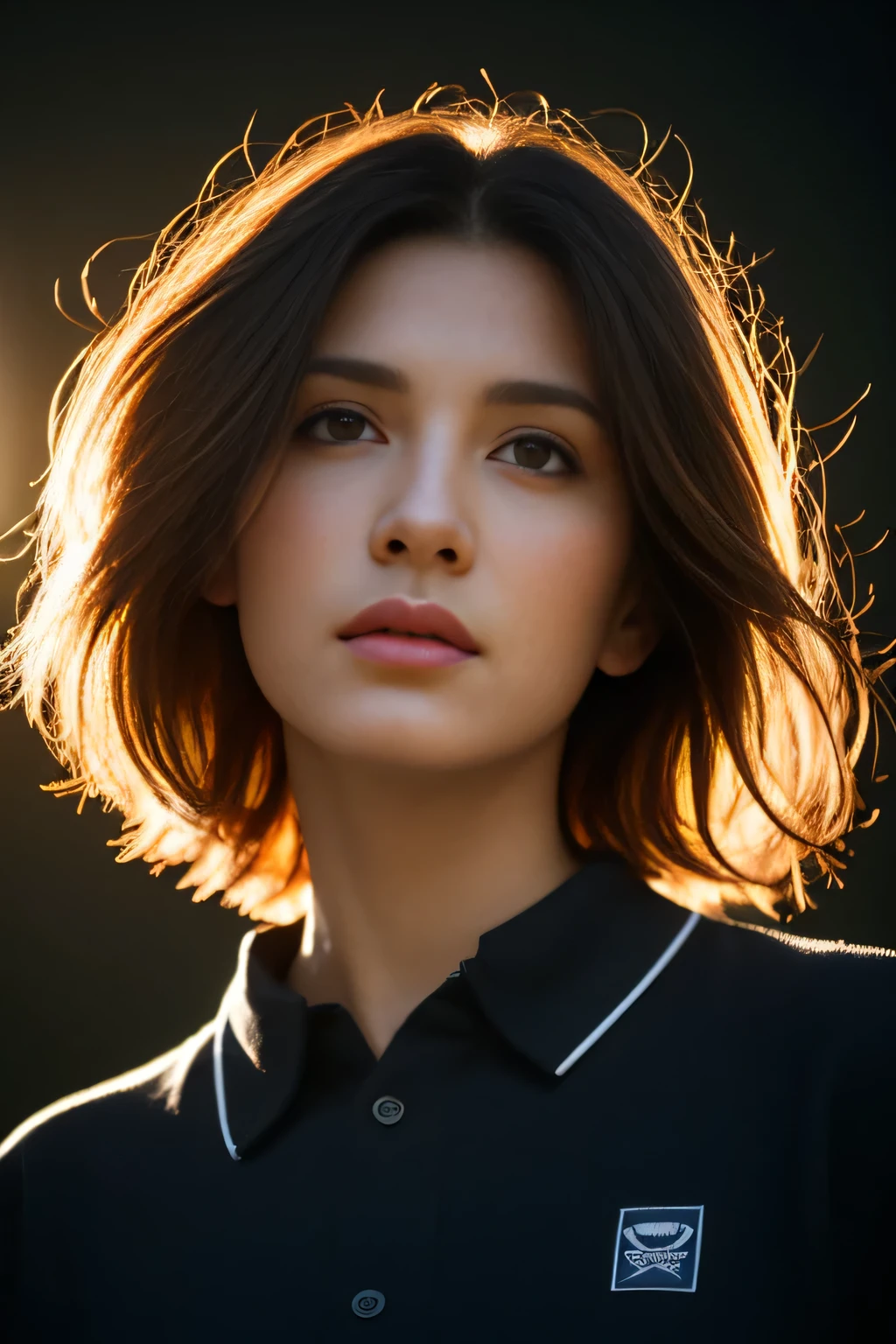 Hyperrealist portrait of female by david hockney and alphonse mucha,fantasy art, photo realistic, dynamic lighting, artstation, poster, volumetric lighting, very detailed faces, 4 k, award winning,, 1girl, in the dark, deep shadow, low key, cowboy shot,(official clothing:1.4) ,short hair, red hair,