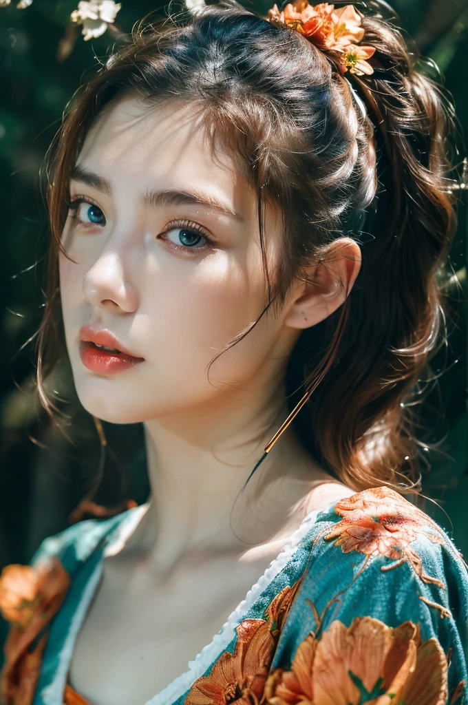 ( masterpiece, top quality, best quality,8k,17 years old girl,ultra detailed,raw photo:1.5),(photorealistic:1.4), (cinematic lighting), PerfectNwsjMajic, , Surrealism, UHD, ccurate, Super detail, textured skin, High detail, Best quality, dynamic angle, White skin,[Beautiful blue eyes], high nose,[flat chest:large breasts:0.5],(1girl),((good anatomy:0.5)),(covered in flowers:1.4), night sky, interested in, fire and ice, (The image is divided into two，Available in a variety of colors:2), eyes blues, sapphire, liquid metal, night sky, (Look at an angle:1.3), (fire and ice), ((Lower chrome)), (hairpin:1.4), (forest:1.3), (fog: 1.3),  Subtle colors and tones, mystical aura ,dreamy atmosphere,expressive brush strokes, mystical ambiance, Artistic interpretation, upper body