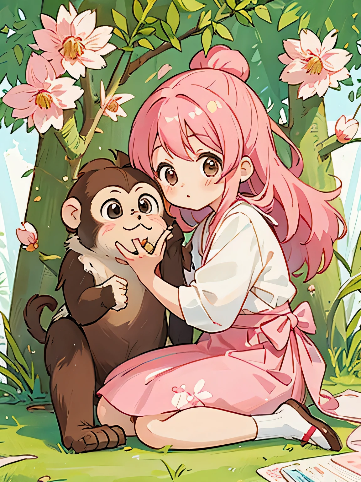 momoko Sakura style, Kawaii Design, The most beautiful girl of all time、monkey, monkey Forest