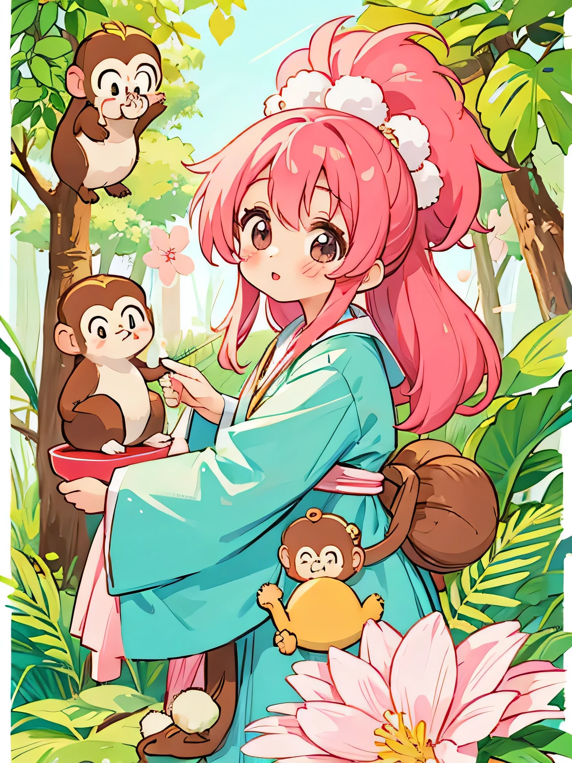 momoko Sakura style, Kawaii Design, The most beautiful girl of all time、monkey, monkey Forest