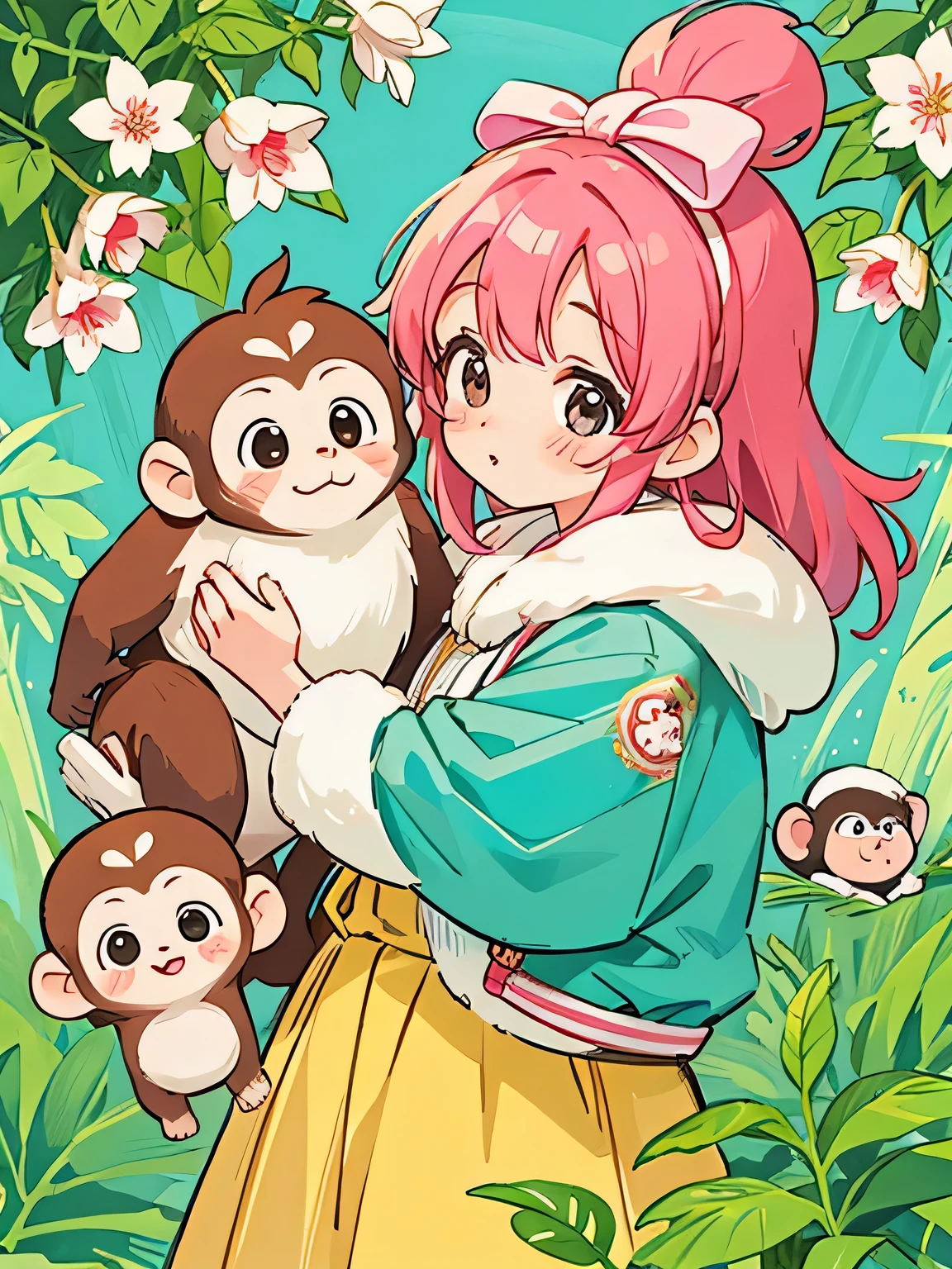 momoko Sakura style, Kawaii Design, The most beautiful girl of all time、monkey, monkey Forest