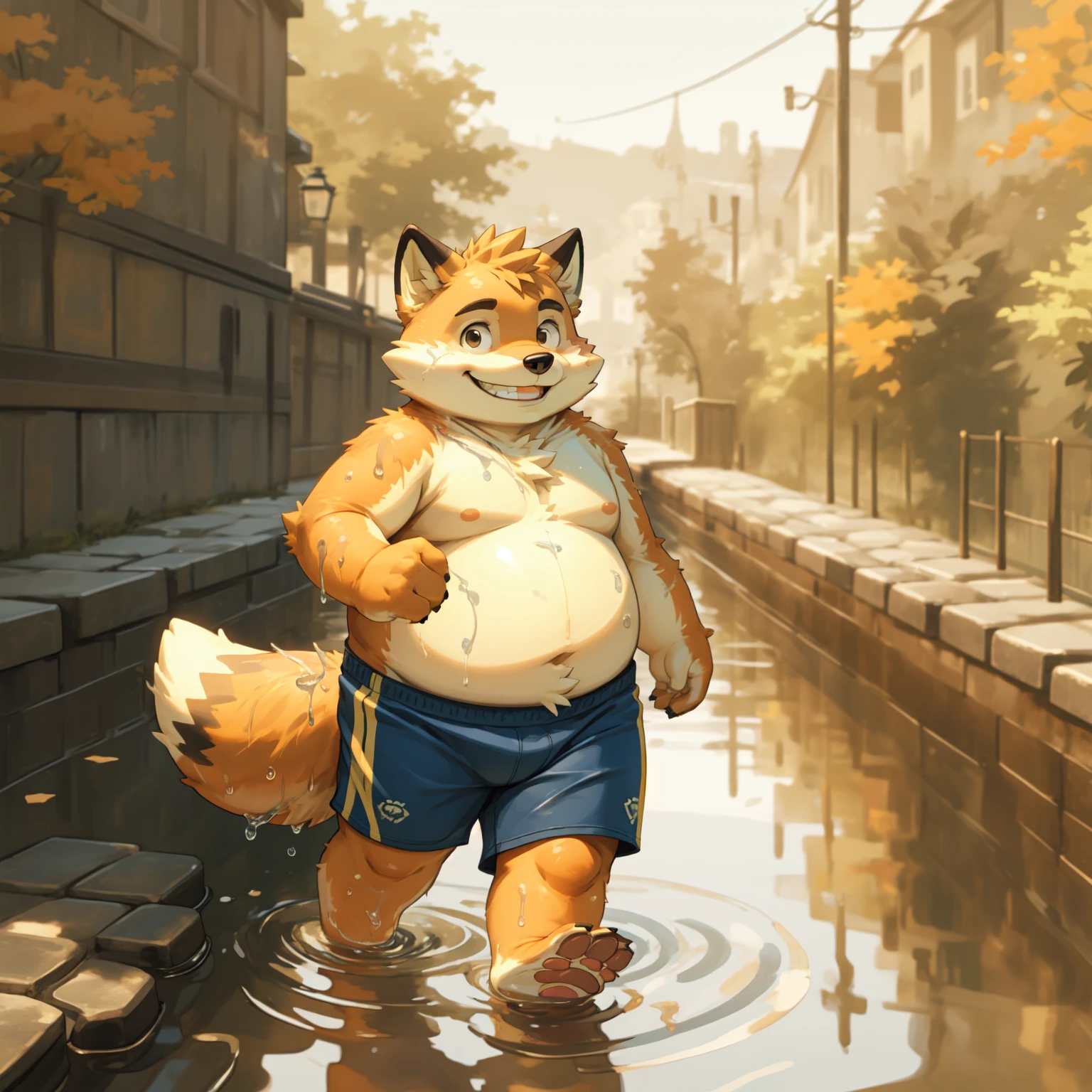 New Jersey 5 Furry,fox,portrait,(Solitary),child,Beautifully,Chubby,Orange plush fur,Cute face,Black eyebrows,Topless,shorts,Child,In the creek,Pebble beach,masterpiece,best quality,Dynamic Angle, (Dynamic poses), Play,Smile,blush,Sweating