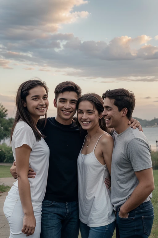 friendship of three people, one woman, two men, they are happy, they have been friends since childhood and now they are
