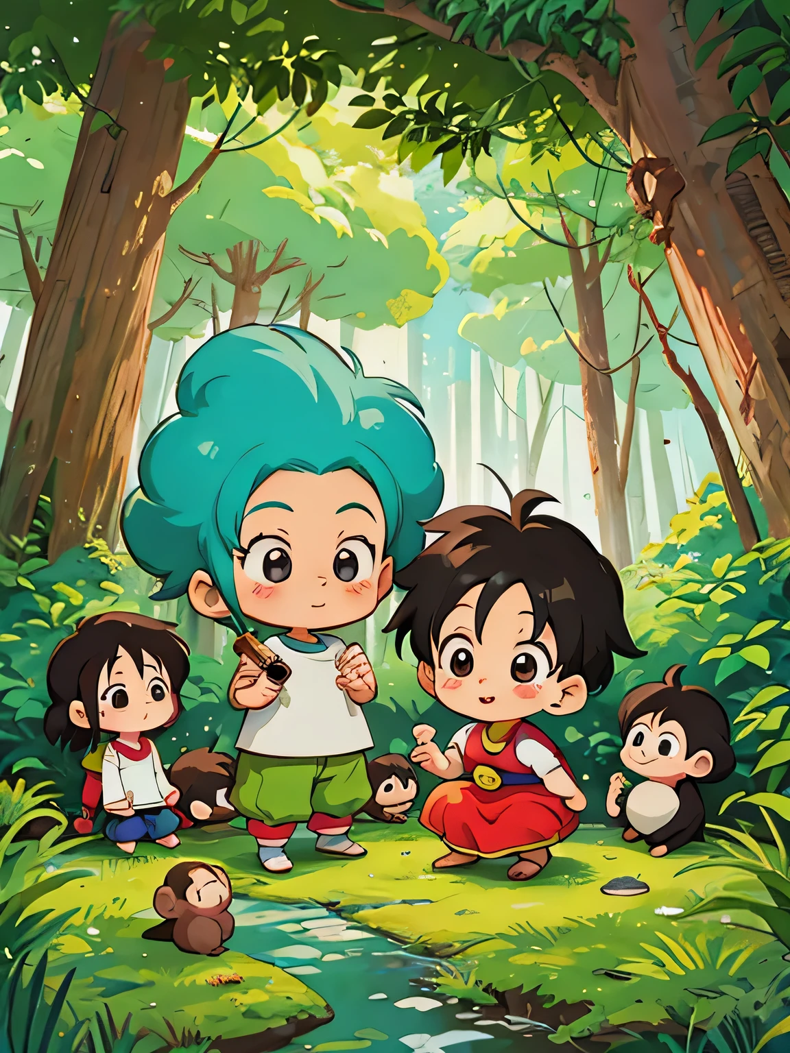Akira Toriyama style, Kawaii Design, Chibi, monkey, monkey Forest