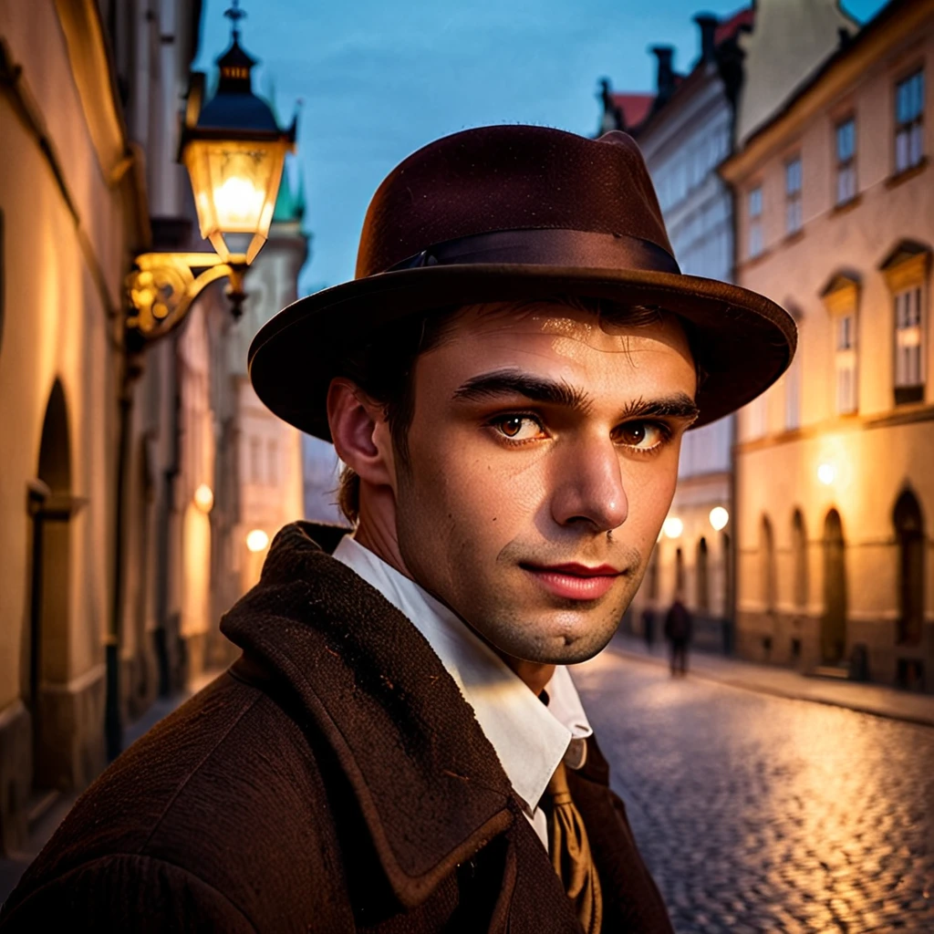 Capture Nikolai Blackwood, the enigmatic wanderer of Prague, amidst the city's shadowy streets, his black hat casting a mysterious silhouette against the backdrop of ancient architecture. With a subtle smirk playing on his lips and a glint of intrigue in his hazel eyes, Nikolai exudes an air of quiet confidence and magnetic charm. Let the soft glow of street lamps illuminate the scene, adding to the atmosphere of mystery and allure that surrounds him. His captivating blend of European and Indian heritage is reflected in his striking features—warm, olive-toned complexion, hazel eyes that hold the secrets of centuries, and long, dark brown hair cascading gracefully to his neck— embodying the fusion of two distinct worlds