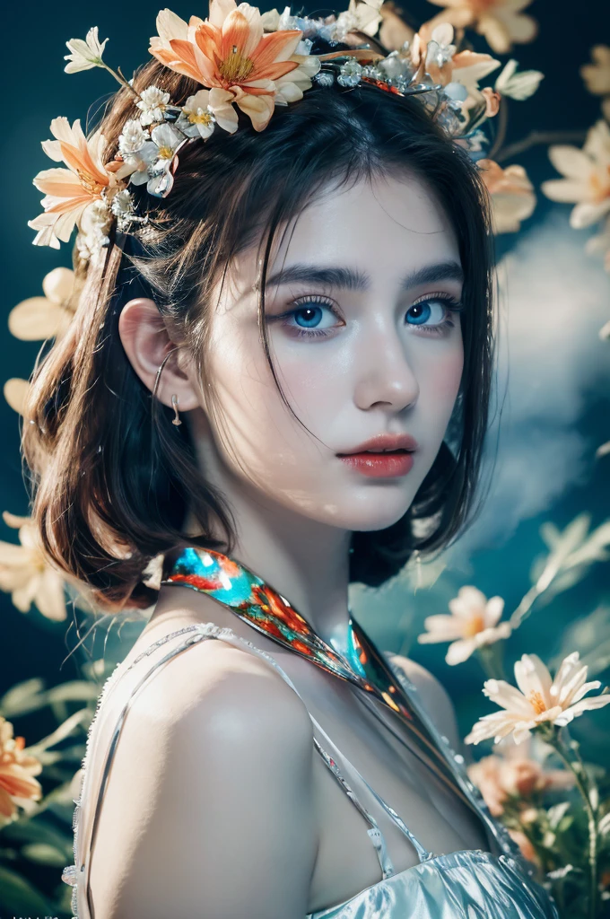 ( masterpiece, top quality, best quality,8k, girl,ultra detailed,raw photo:1.5),(photorealistic:1.4), (cinematic lighting), PerfectNwsjMajic, , Surrealism, UHD, ccurate, Super detail, textured skin, High detail, Best quality, dynamic angle, White skin,[Beautiful blue eyes], high nose,[flat chest:large breasts:0.5]),((good anatomy:0.5)),(covered in flowers:1.4), night sky, joint, interested in, fire and ice, (The image is divided into two，Available in a variety of colors:2), eyes blues, sapphire, liquid metal, night sky, (Look at an angle:1.3), (fire and ice), ((Lower chrome)), (hairpin:1.4), (forest:1.3), (fog: 1.3),  Subtle colors and tones, mystical aura ,dreamy atmosphere,expressive brush strokes, mystical ambiance, Artistic interpretation,Wonderland, blue glowing flowers tone, upper body