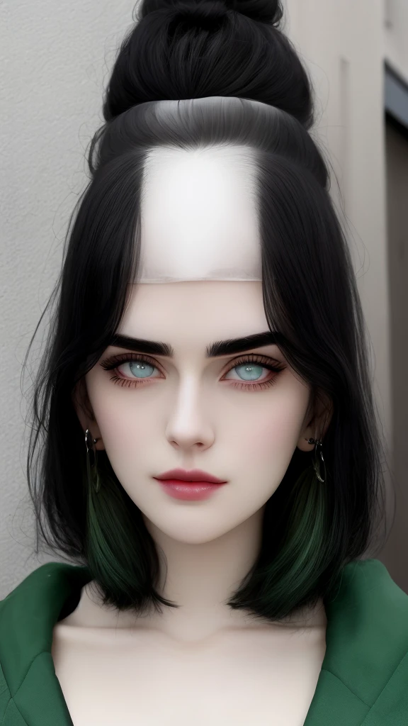 Pale body and black hair black eyebrows and green eyes big perfect nose